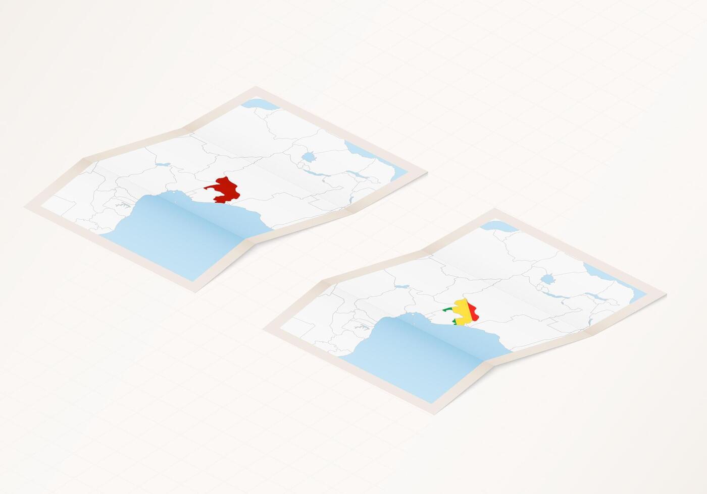 Two versions of a folded map of Congo with the flag of the country of Congo and with the red color highlighted. vector
