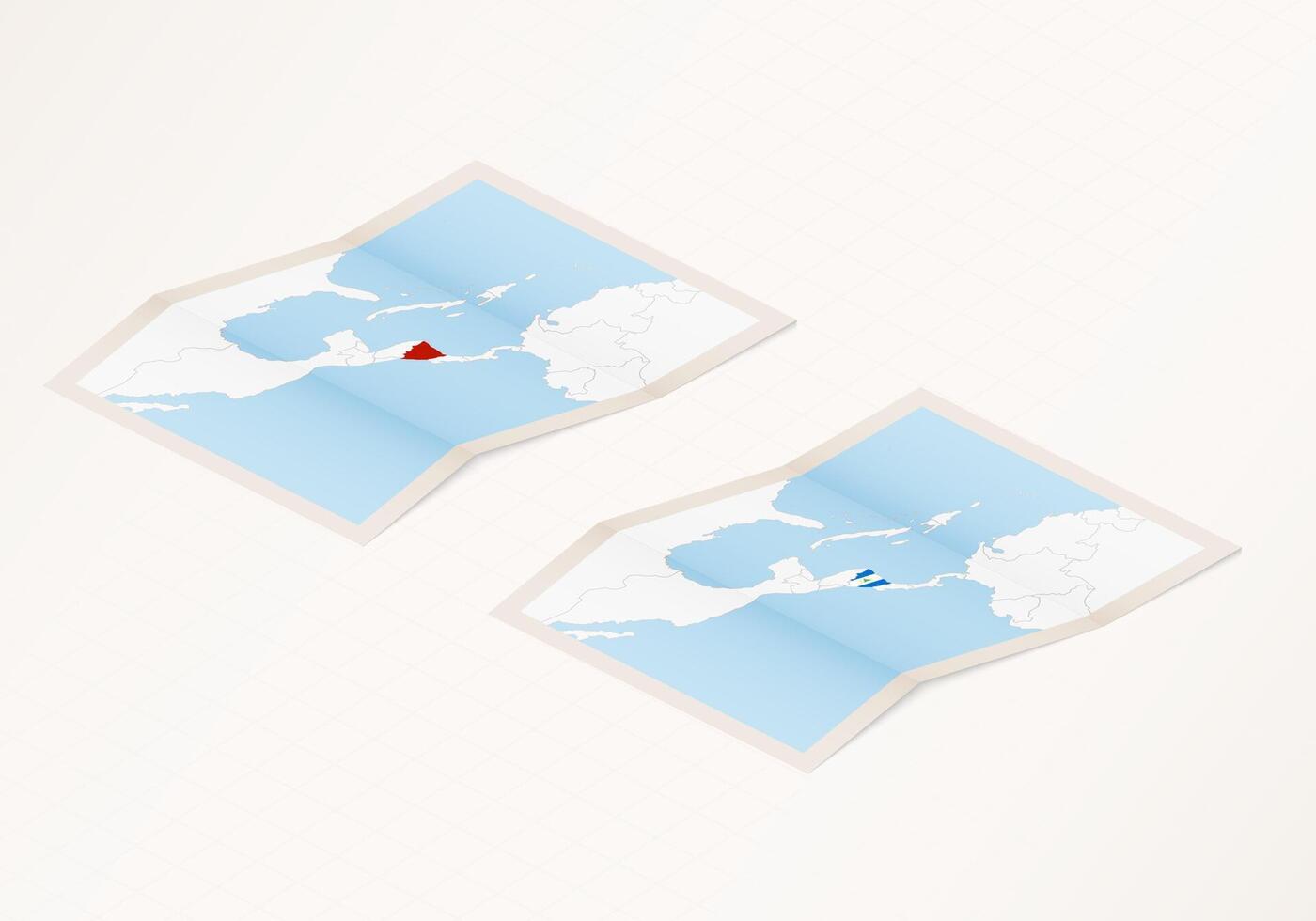 Two versions of a folded map of Nicaragua with the flag of the country of Nicaragua and with the red color highlighted. vector