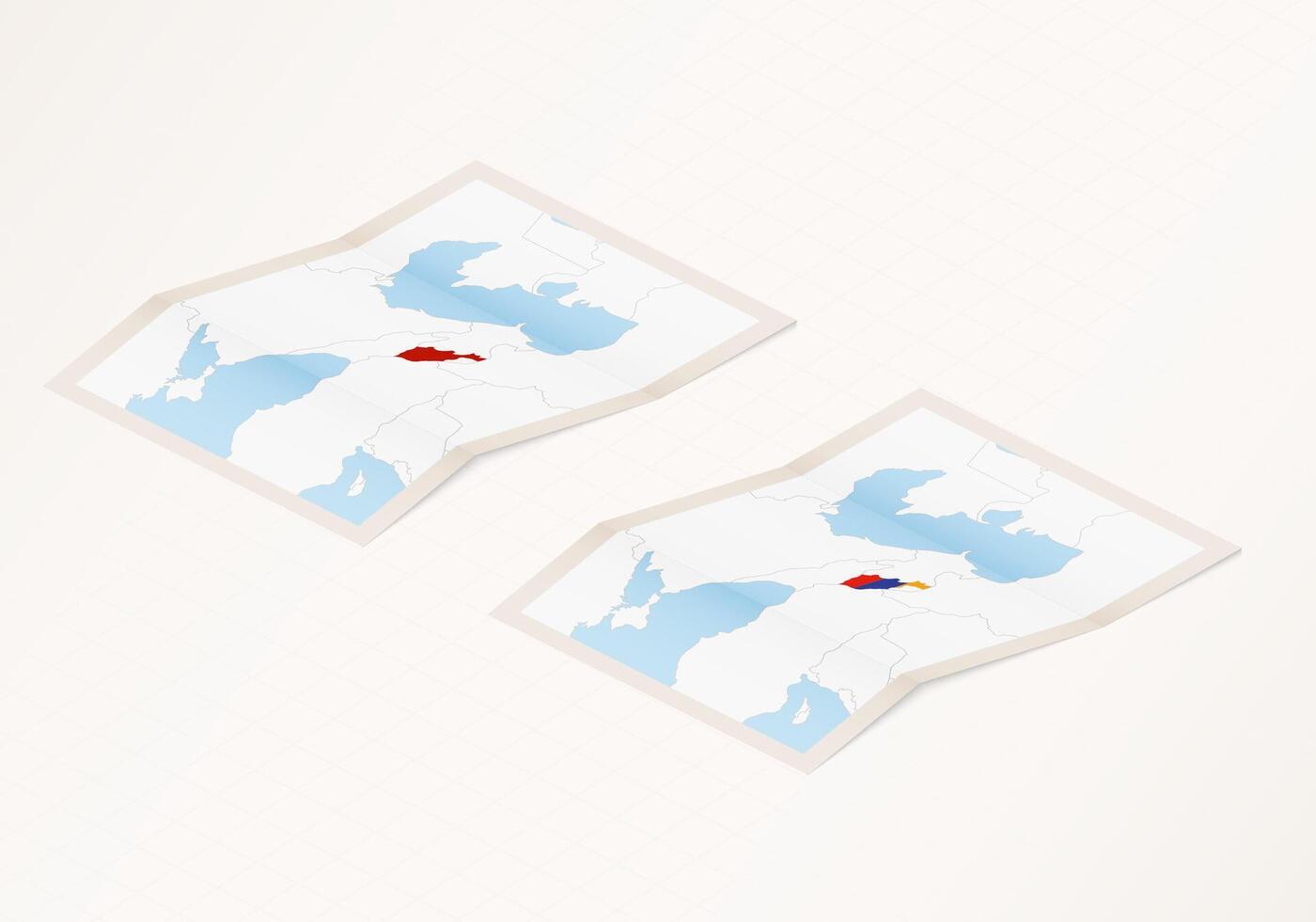 Two versions of a folded map of Armenia with the flag of the country of Armenia and with the red color highlighted. vector
