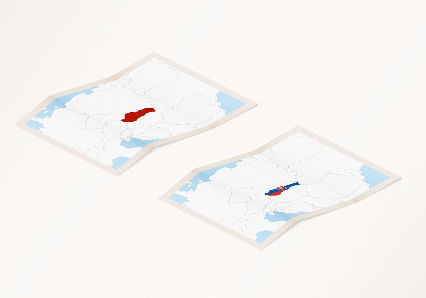 Two versions of a folded map of Slovakia with the flag of the country of Slovakia and with the red color highlighted. vector