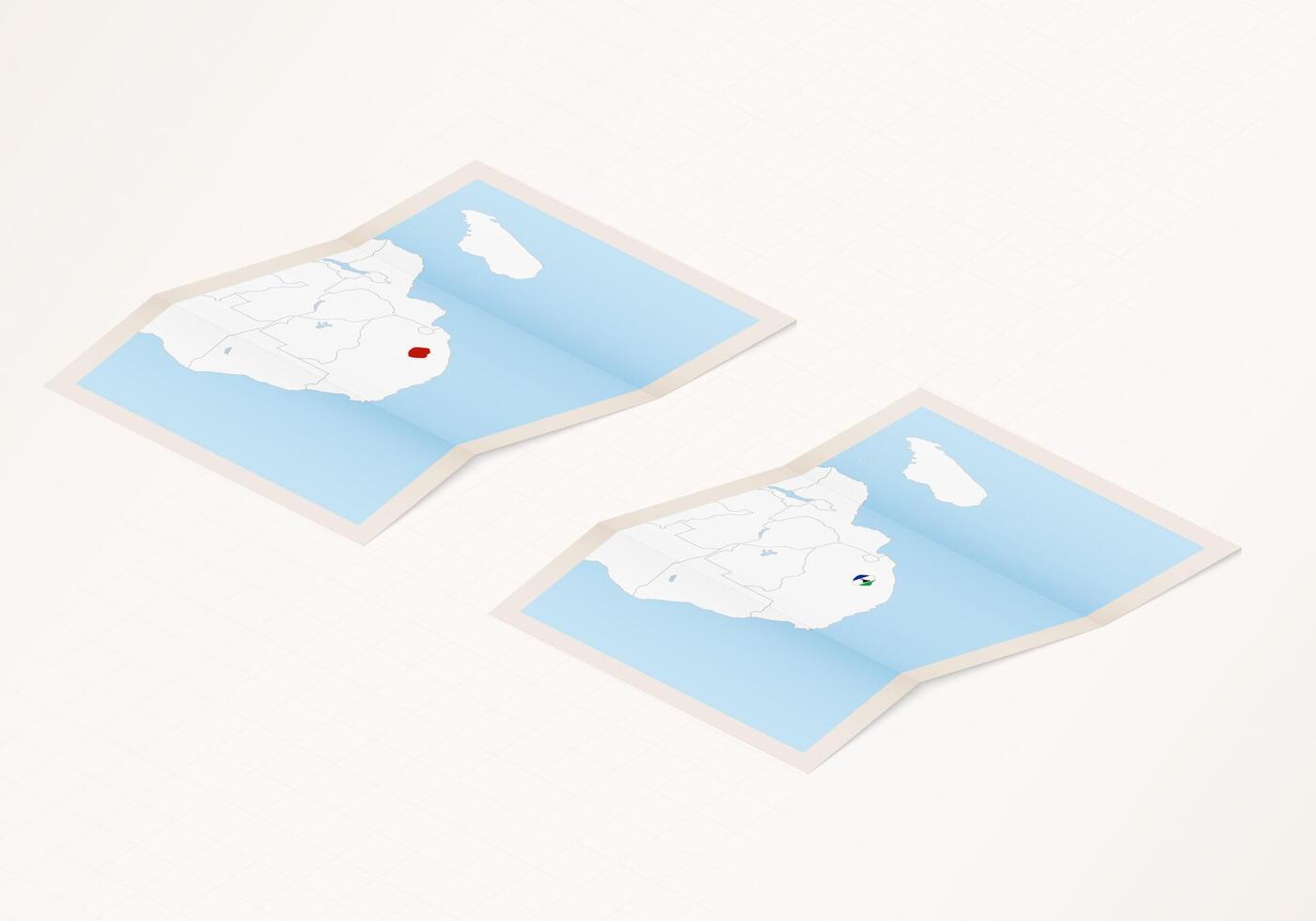 Two versions of a folded map of Lesotho with the flag of the country of Lesotho and with the red color highlighted. vector