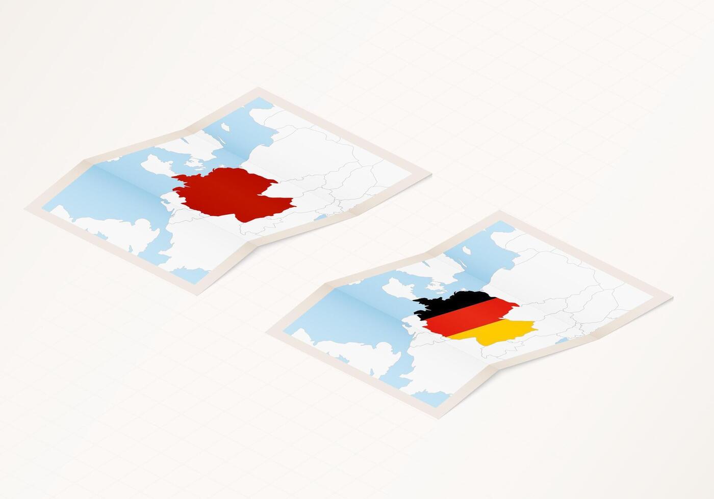 Two versions of a folded map of Germany with the flag of the country of Germany and with the red color highlighted. vector