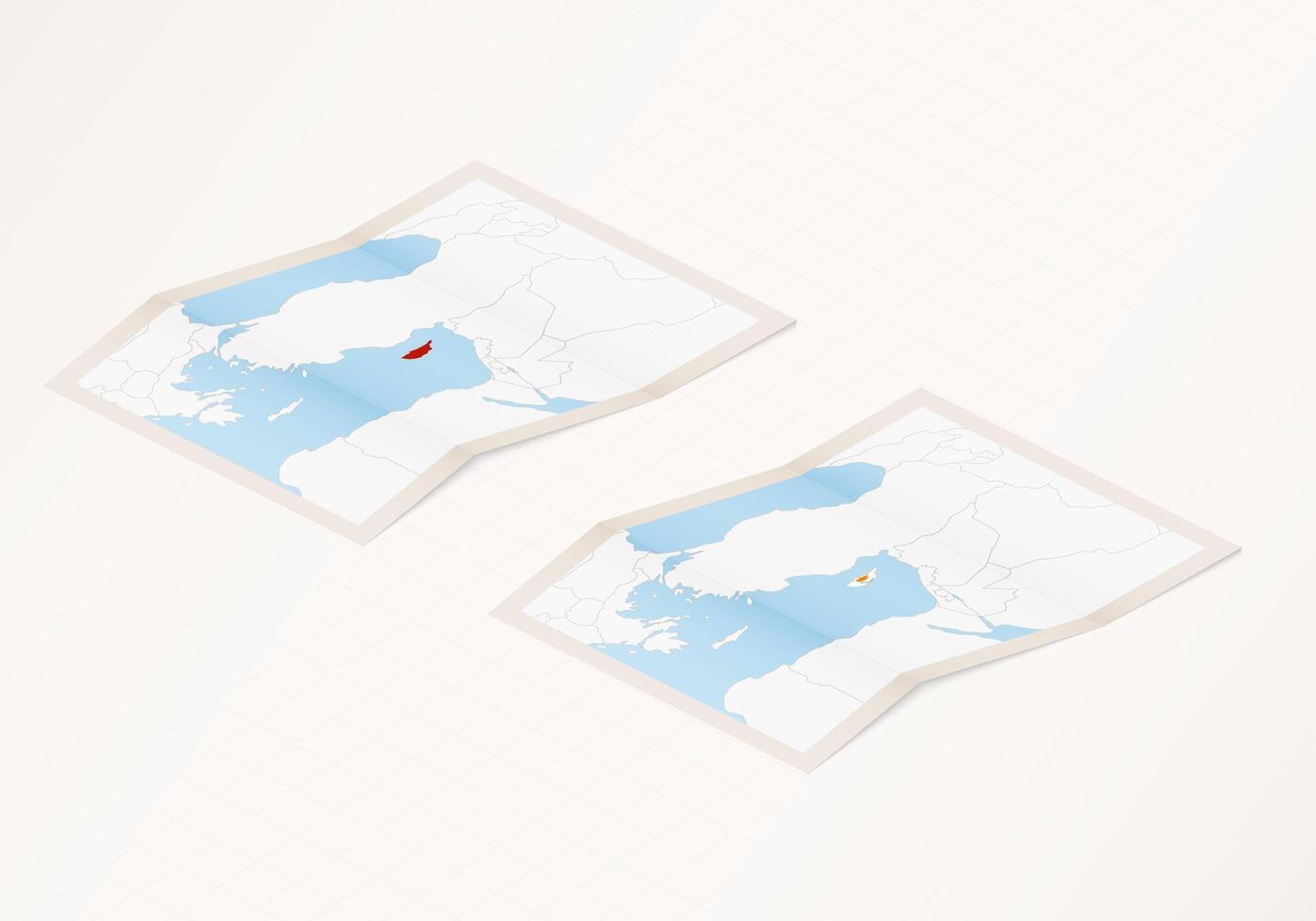 Two versions of a folded map of Cyprus with the flag of the country of Cyprus and with the red color highlighted. vector
