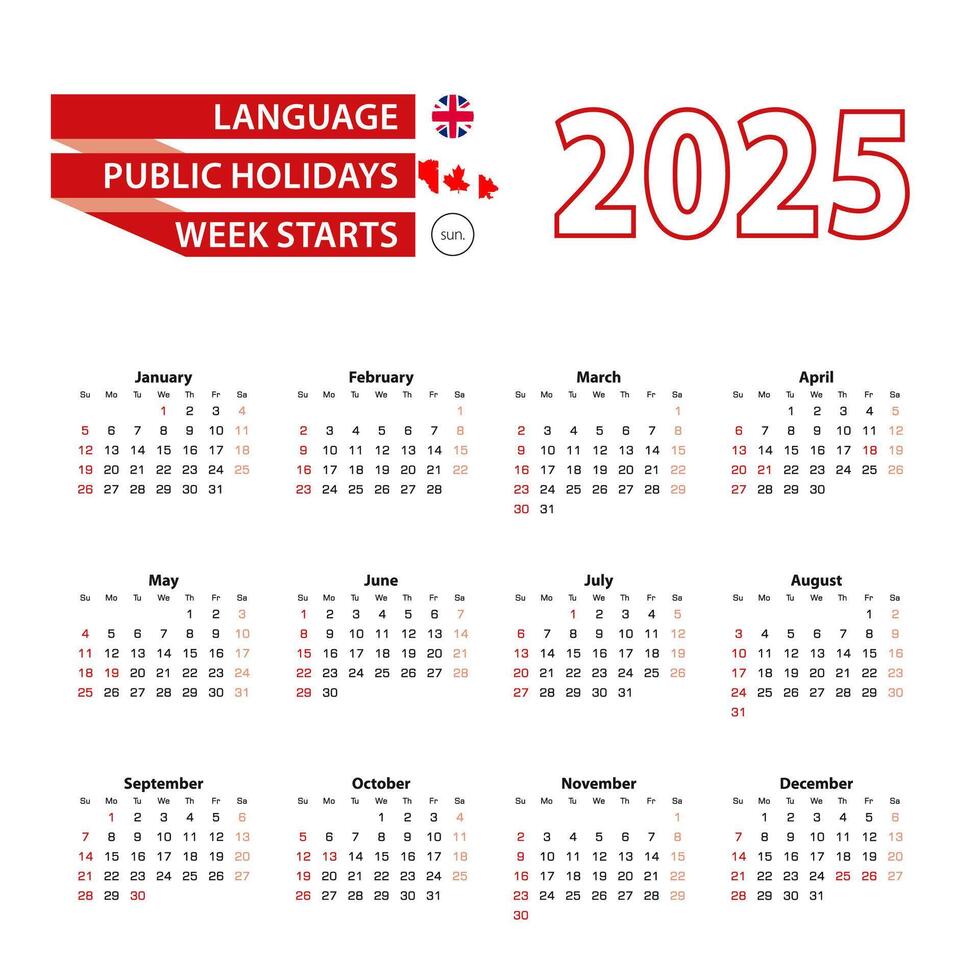 Calendar 2025 in English language with public holidays the country of Canada in year 2025. vector