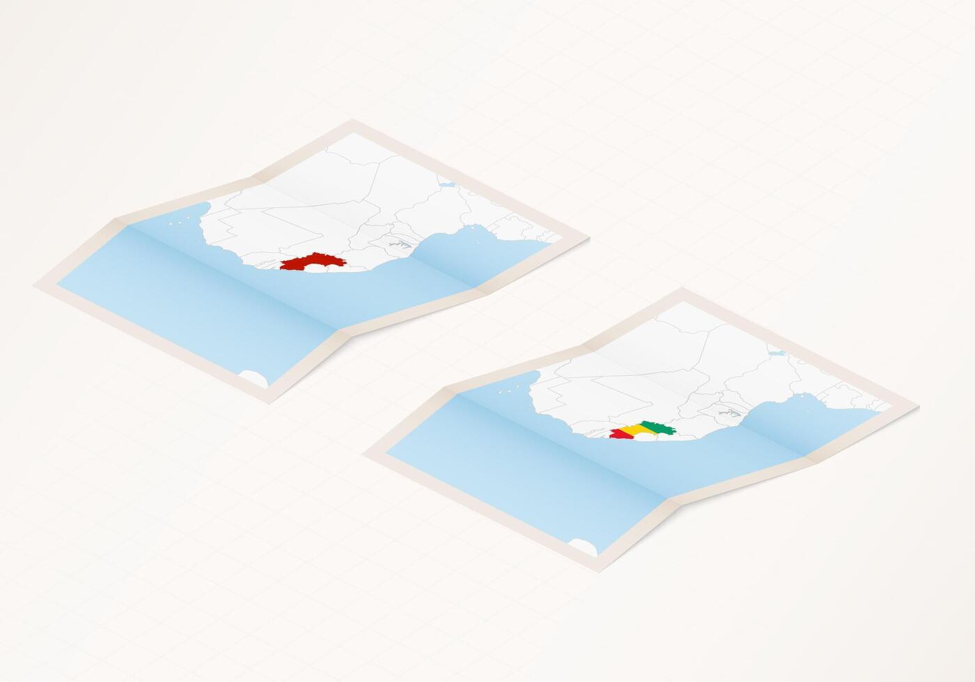 Two versions of a folded map of Guinea with the flag of the country of Guinea and with the red color highlighted. vector