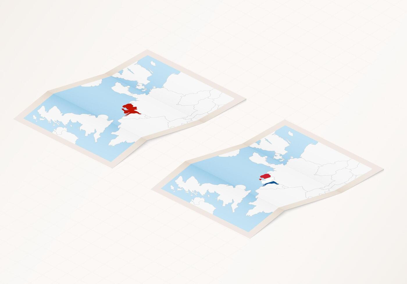 Two versions of a folded map of Netherlands with the flag of the country of Netherlands and with the red color highlighted. vector