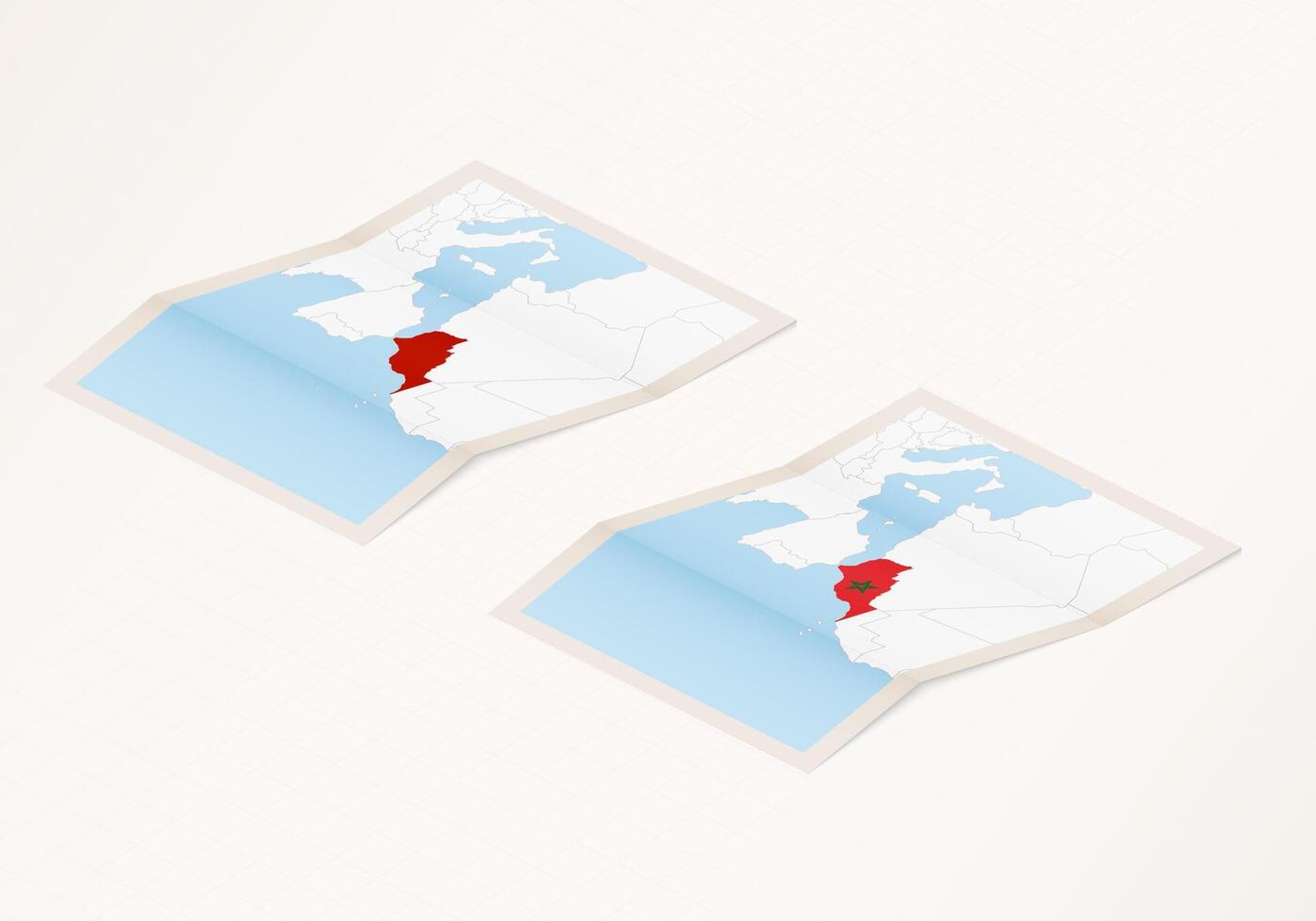 Two versions of a folded map of Morocco with the flag of the country of Morocco and with the red color highlighted. vector