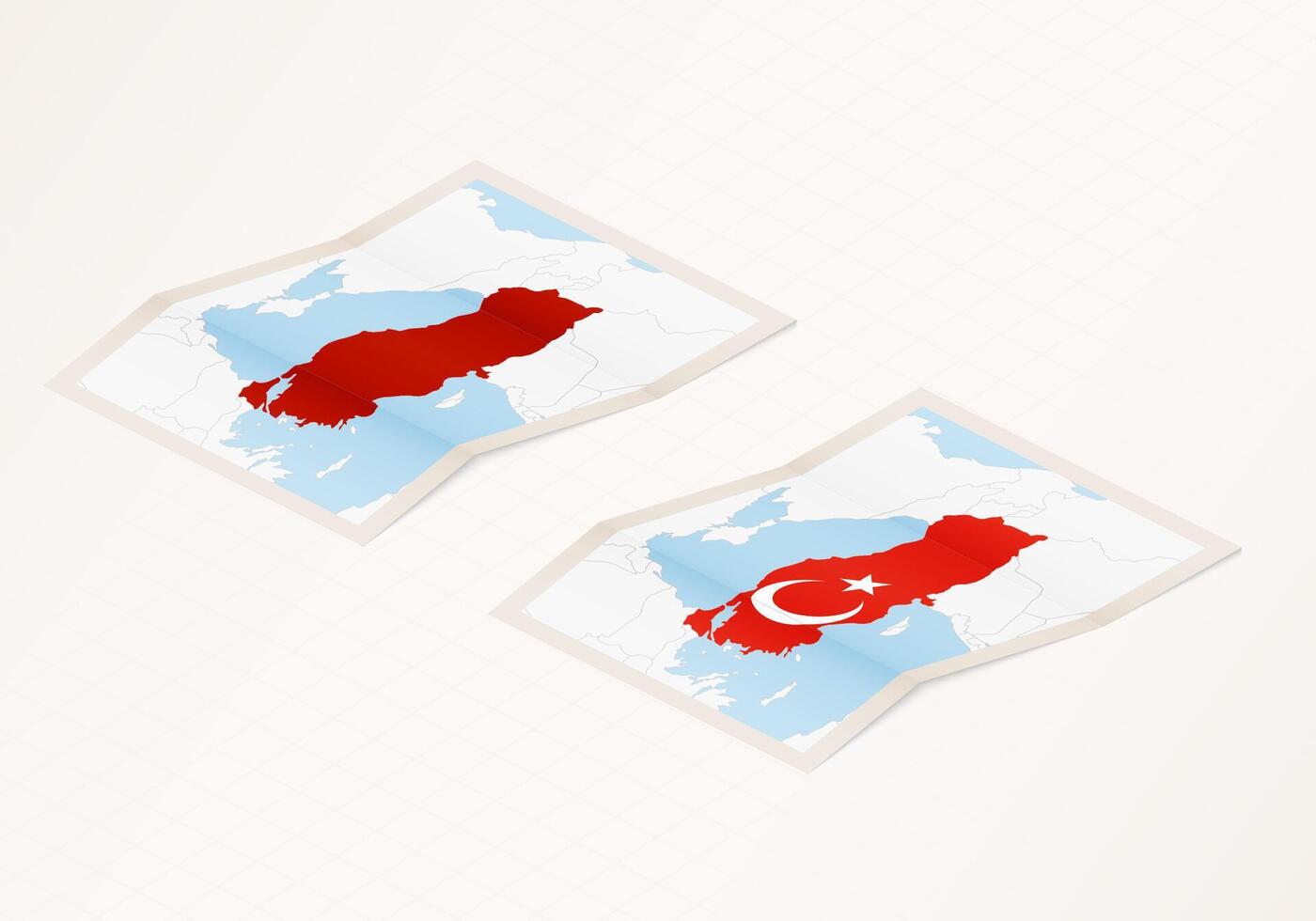 Two versions of a folded map of Turkey with the flag of the country of Turkey and with the red color highlighted. vector