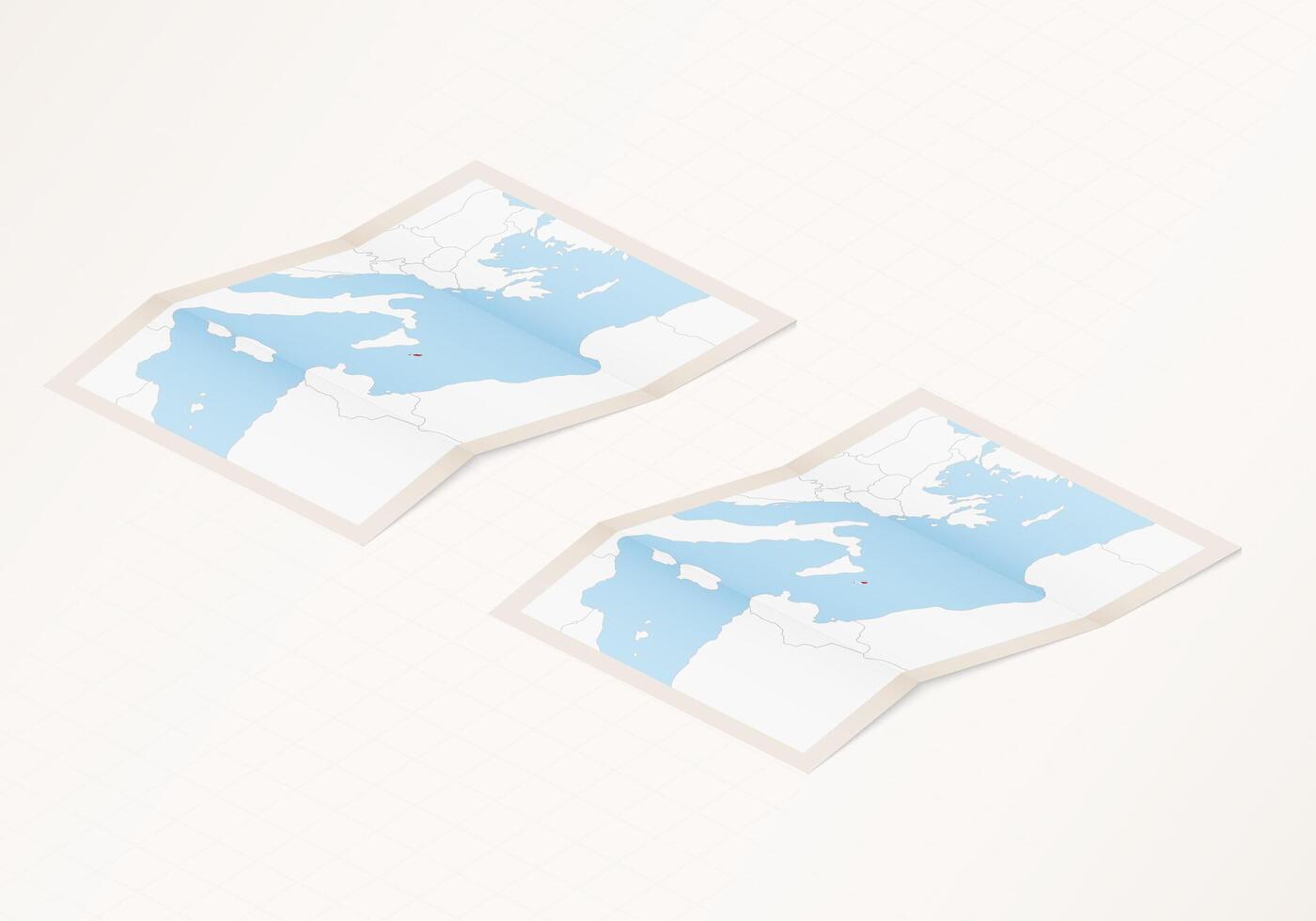 Two versions of a folded map of Malta with the flag of the country of Malta and with the red color highlighted. vector