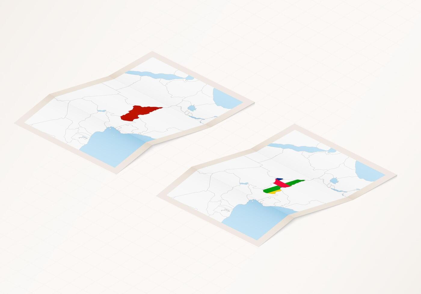 Two versions of a folded map of Central African Republic with the flag of the country of Central African Republic and with the red color highlighted. vector