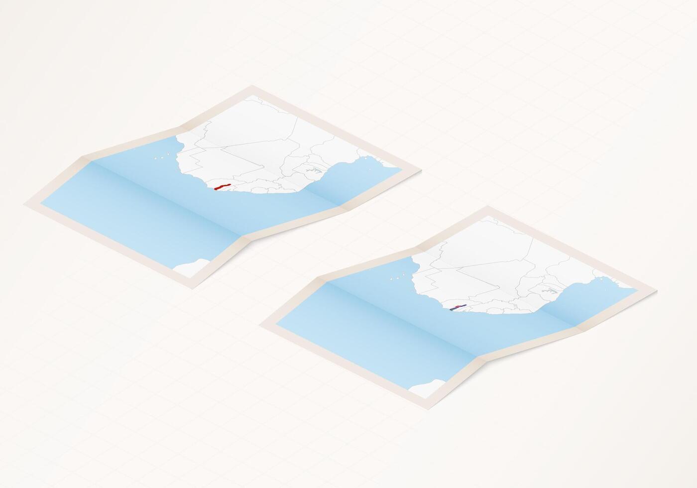 Two versions of a folded map of Gambia with the flag of the country of Gambia and with the red color highlighted. vector