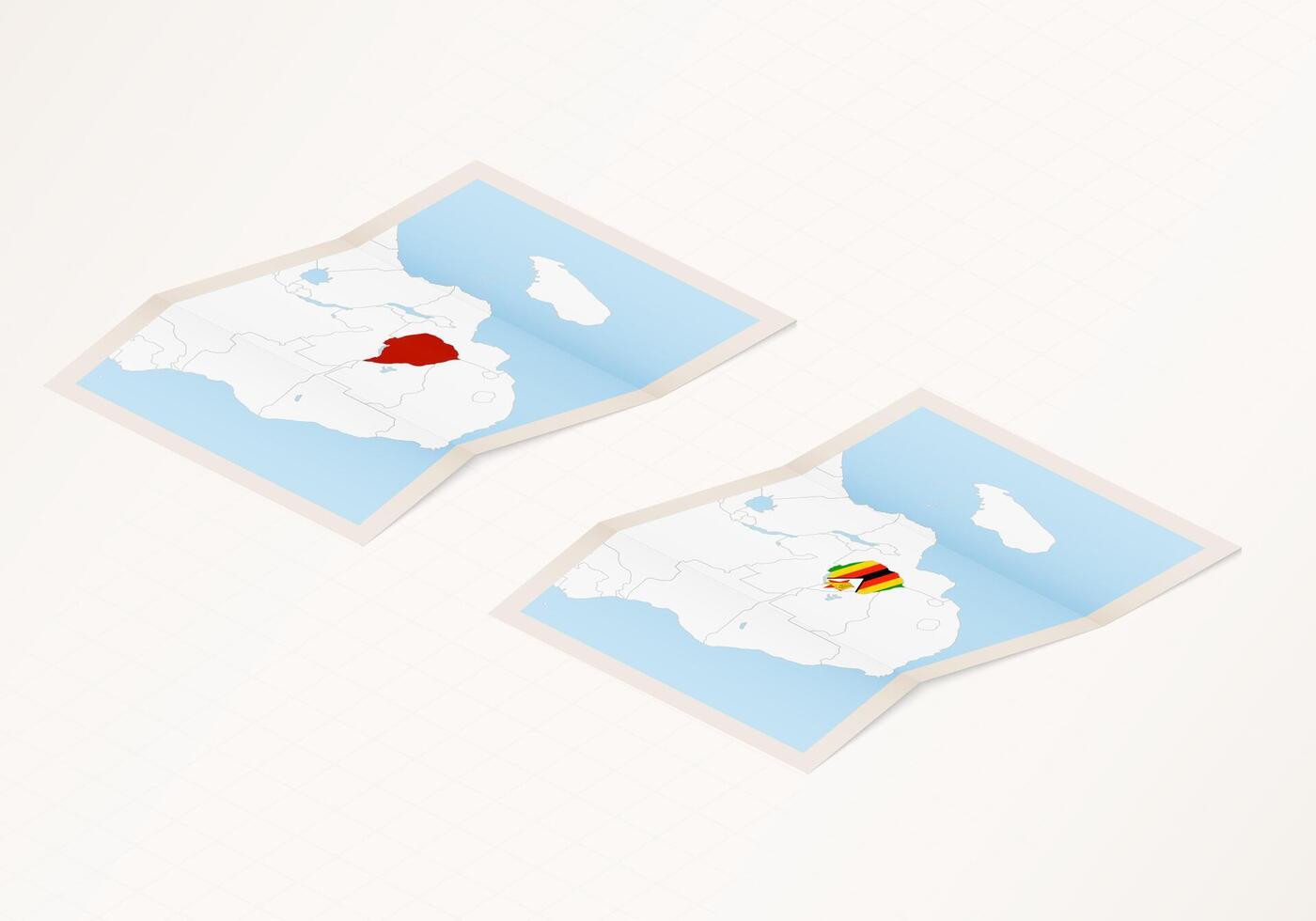 Two versions of a folded map of Zimbabwe with the flag of the country of Zimbabwe and with the red color highlighted. vector