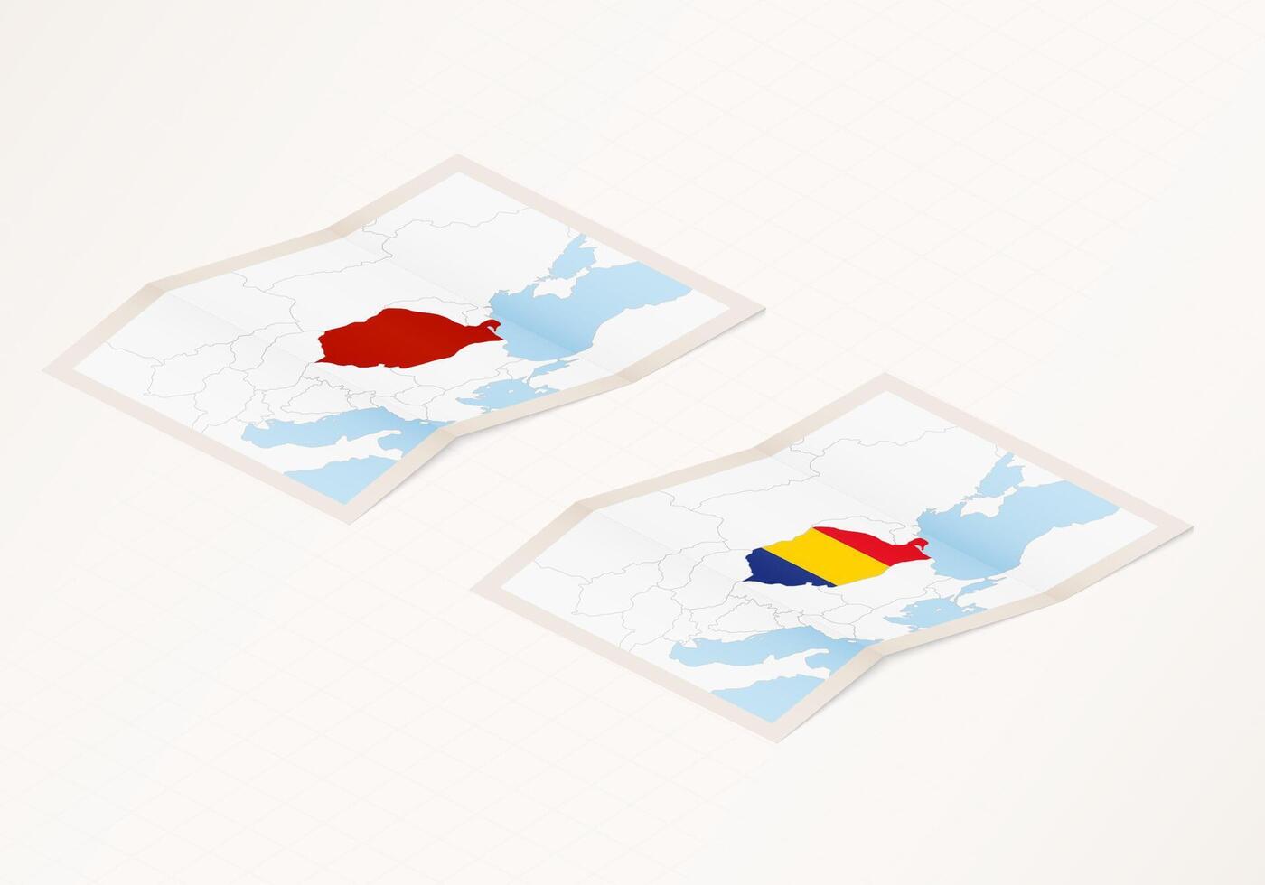 Two versions of a folded map of Romania with the flag of the country of Romania and with the red color highlighted. vector