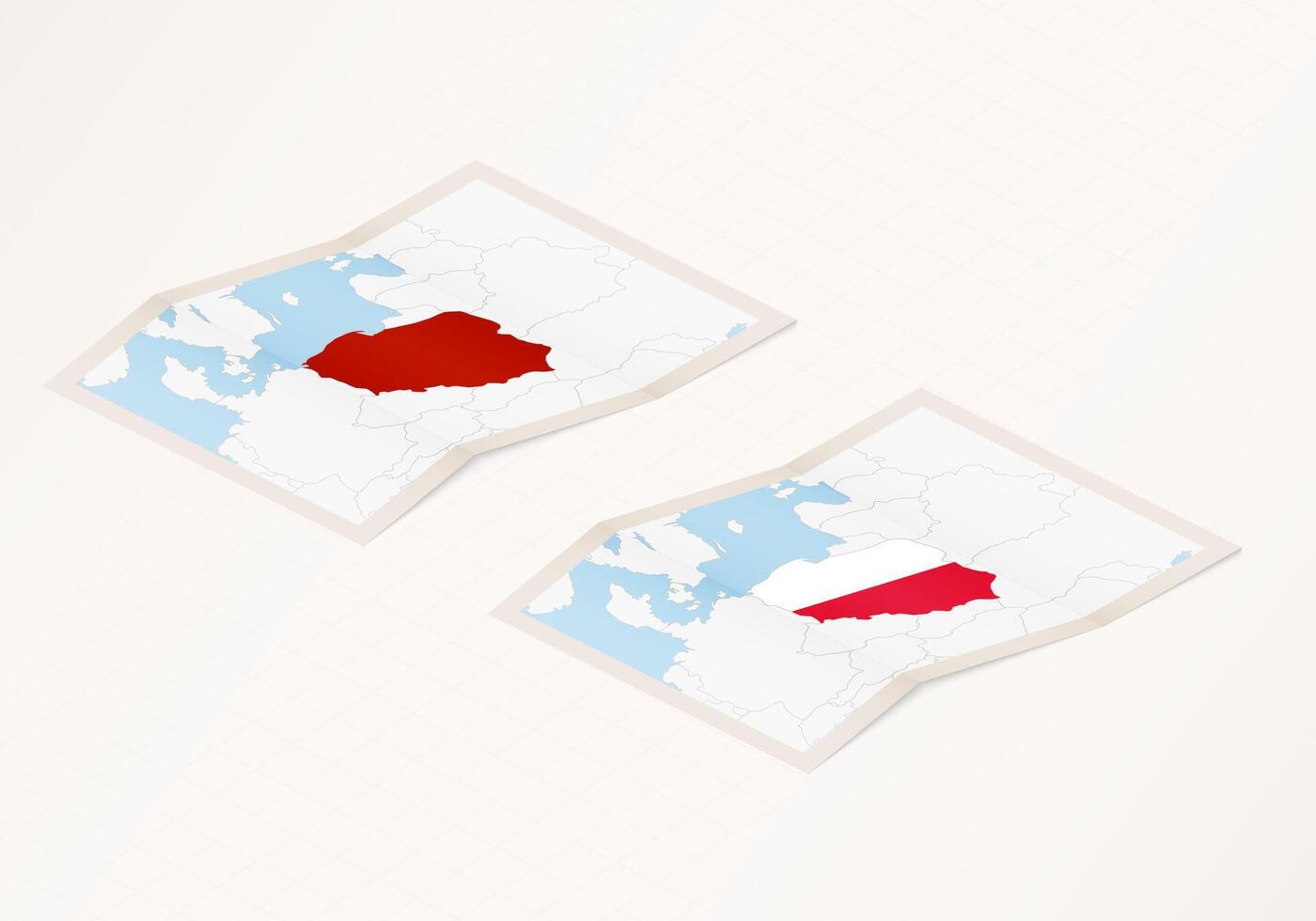 Two versions of a folded map of Poland with the flag of the country of Poland and with the red color highlighted. vector