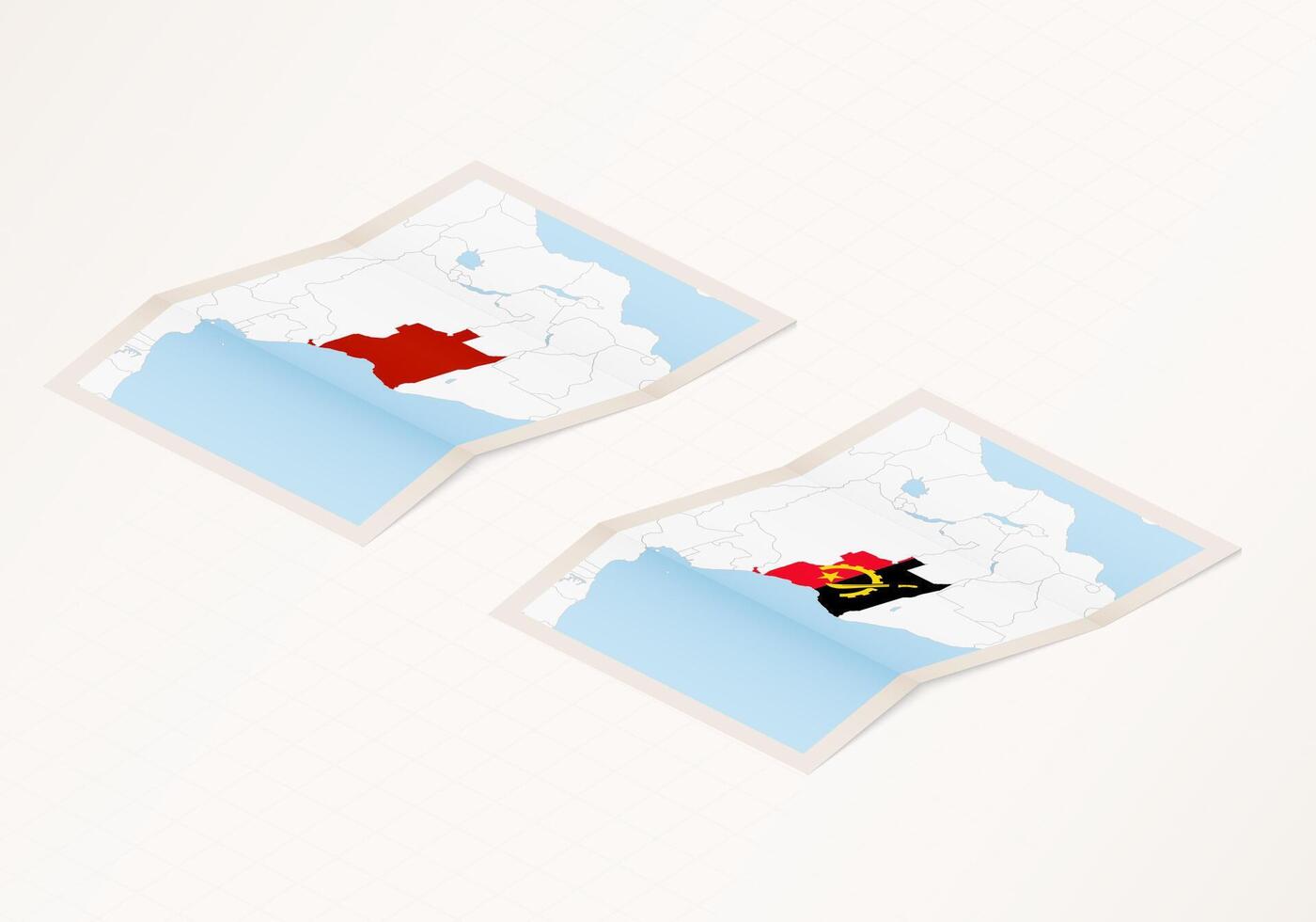 Two versions of a folded map of Angola with the flag of the country of Angola and with the red color highlighted. vector