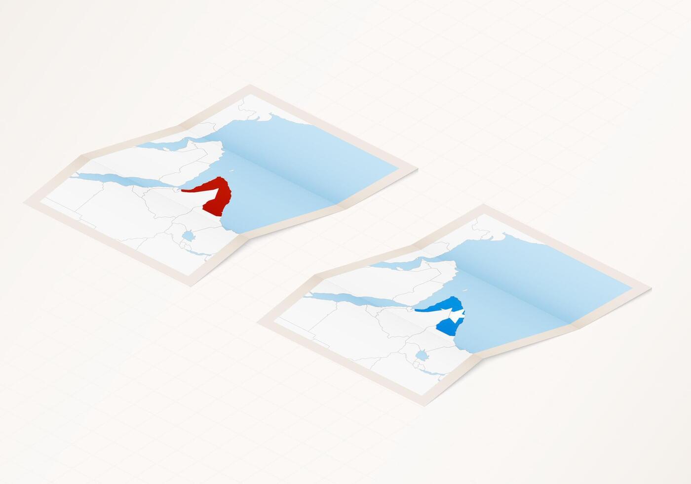 Two versions of a folded map of Somalia with the flag of the country of Somalia and with the red color highlighted. vector