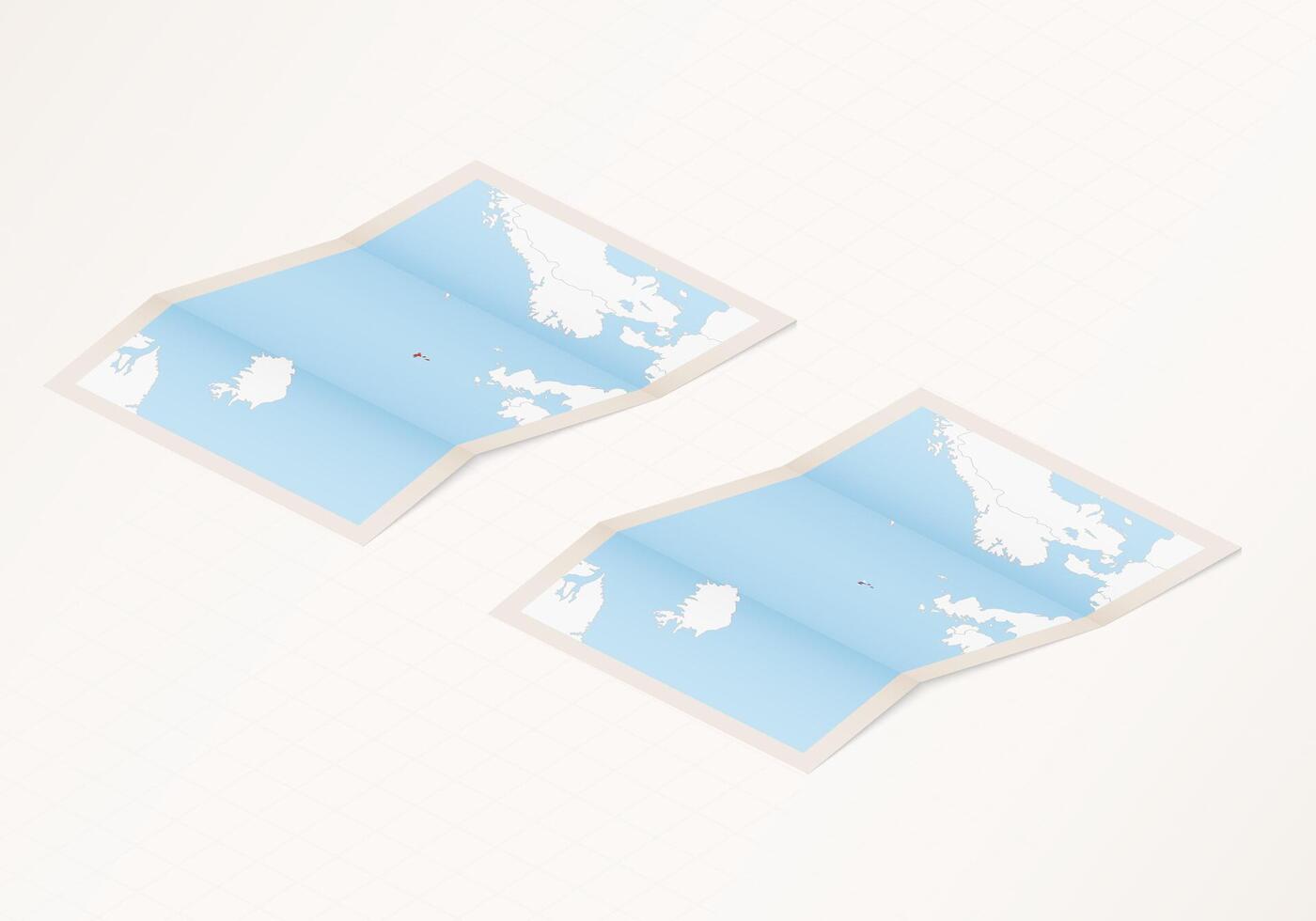 Two versions of a folded map of Faroe Islands with the flag of the country of Faroe Islands and with the red color highlighted. vector