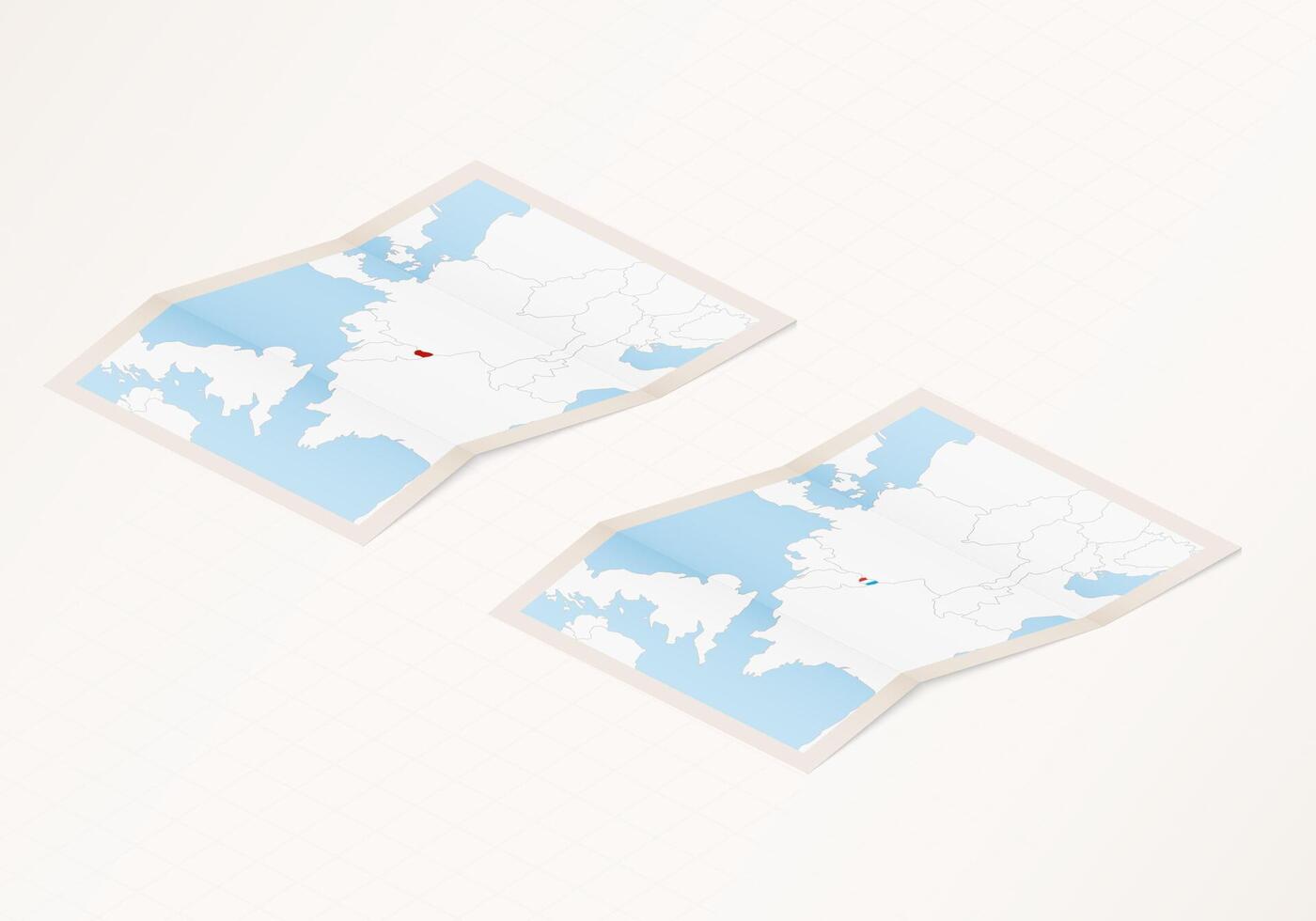 Two versions of a folded map of Luxembourg with the flag of the country of Luxembourg and with the red color highlighted. vector