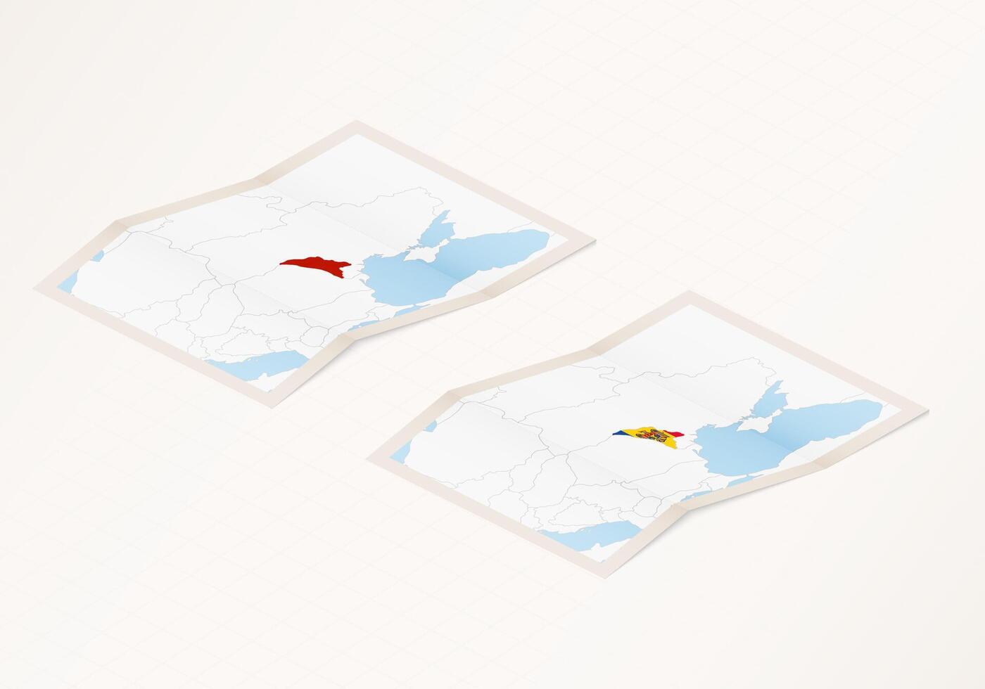 Two versions of a folded map of Moldova with the flag of the country of Moldova and with the red color highlighted. vector