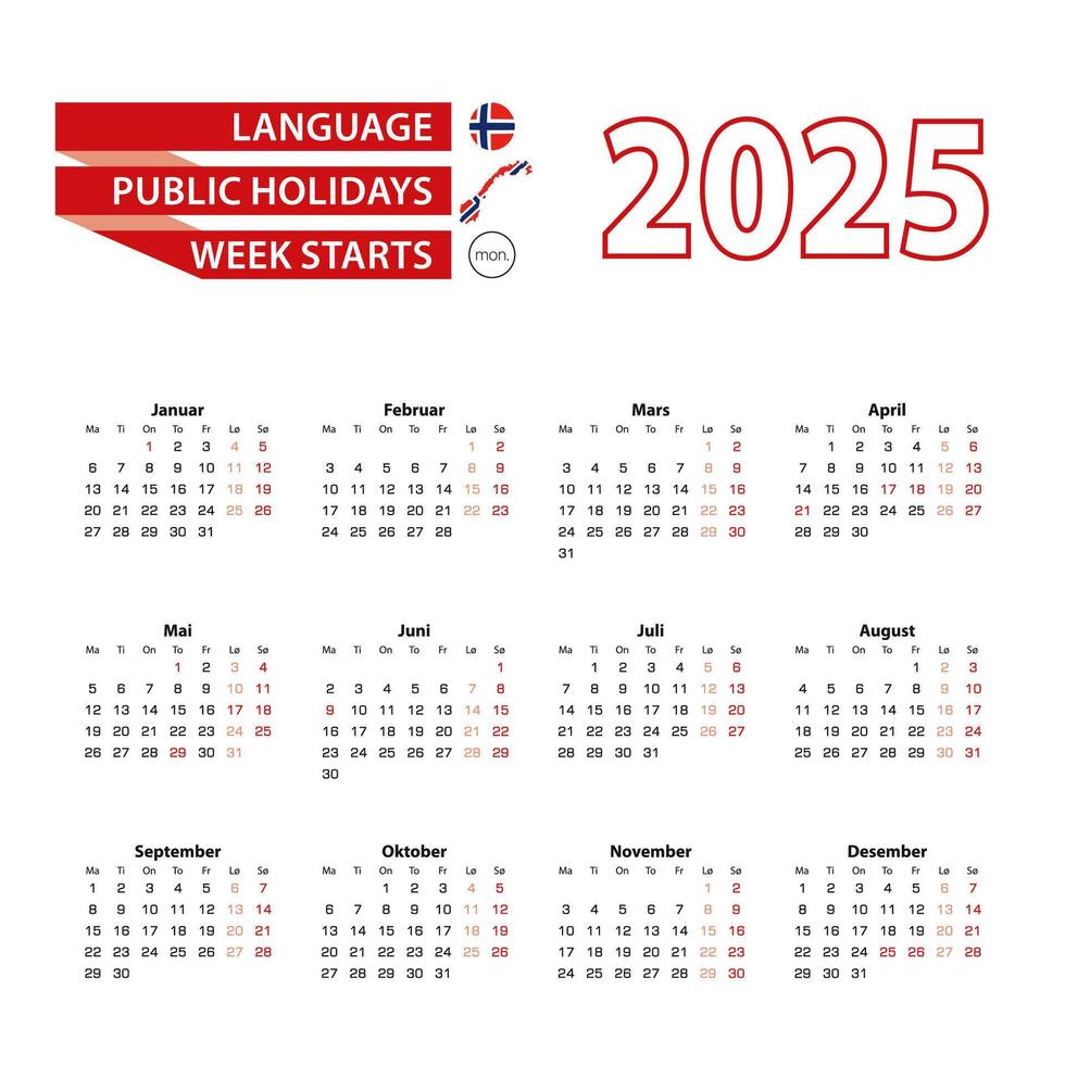 Calendar 2025 in Norwegian language with public holidays the country of Norway in year 2025. vector