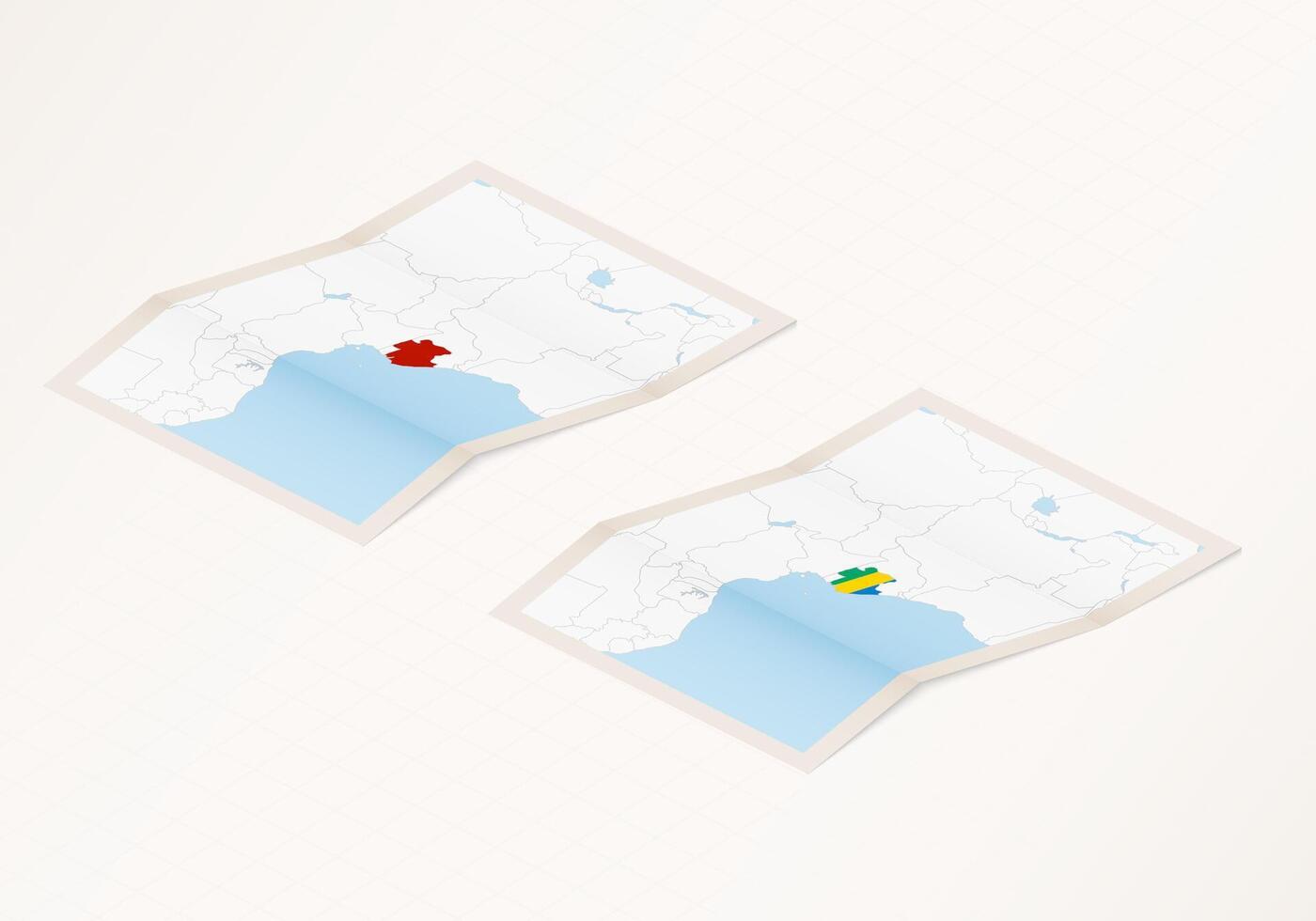 Two versions of a folded map of Gabon with the flag of the country of Gabon and with the red color highlighted. vector