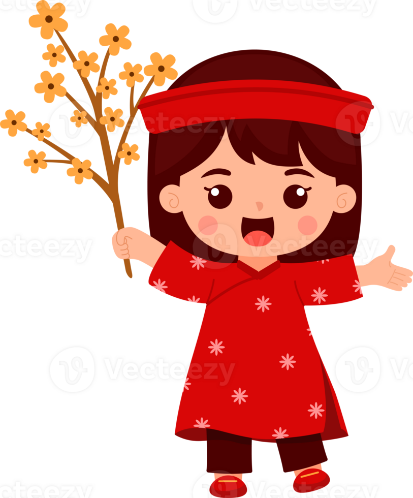 New Year Girl Holding Apricot Blossom Branches png