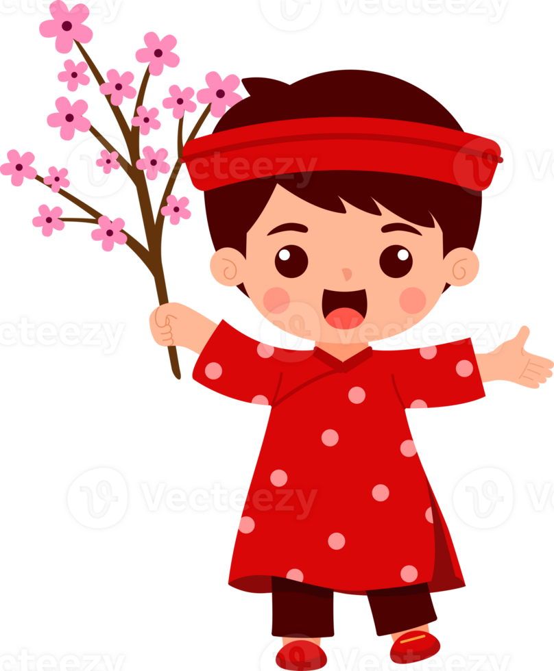 New Year Boy Holding Peach Blossom Branches png