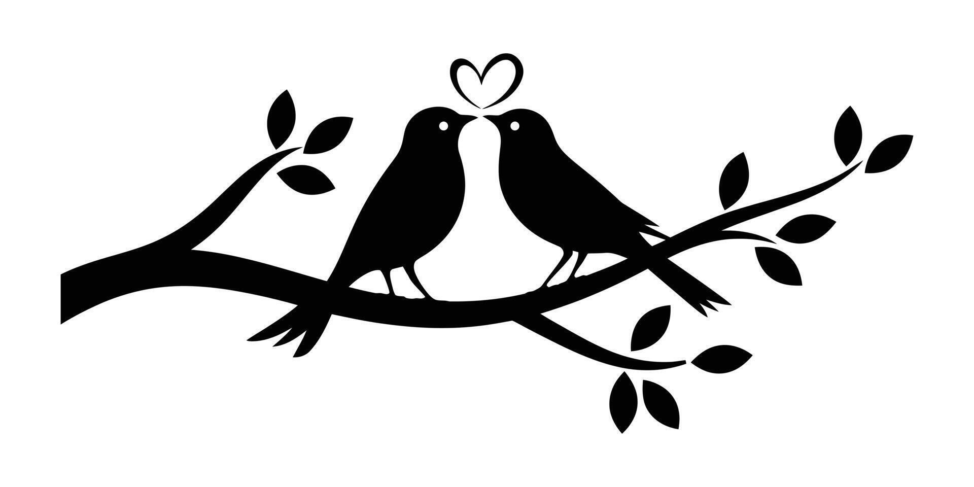 Black and white silhouette of two birds in love on a branch. vector