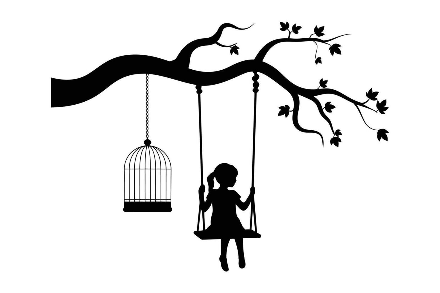 Silhouette of a girl on a swing, with a birdcage, symbolizing freedom. vector