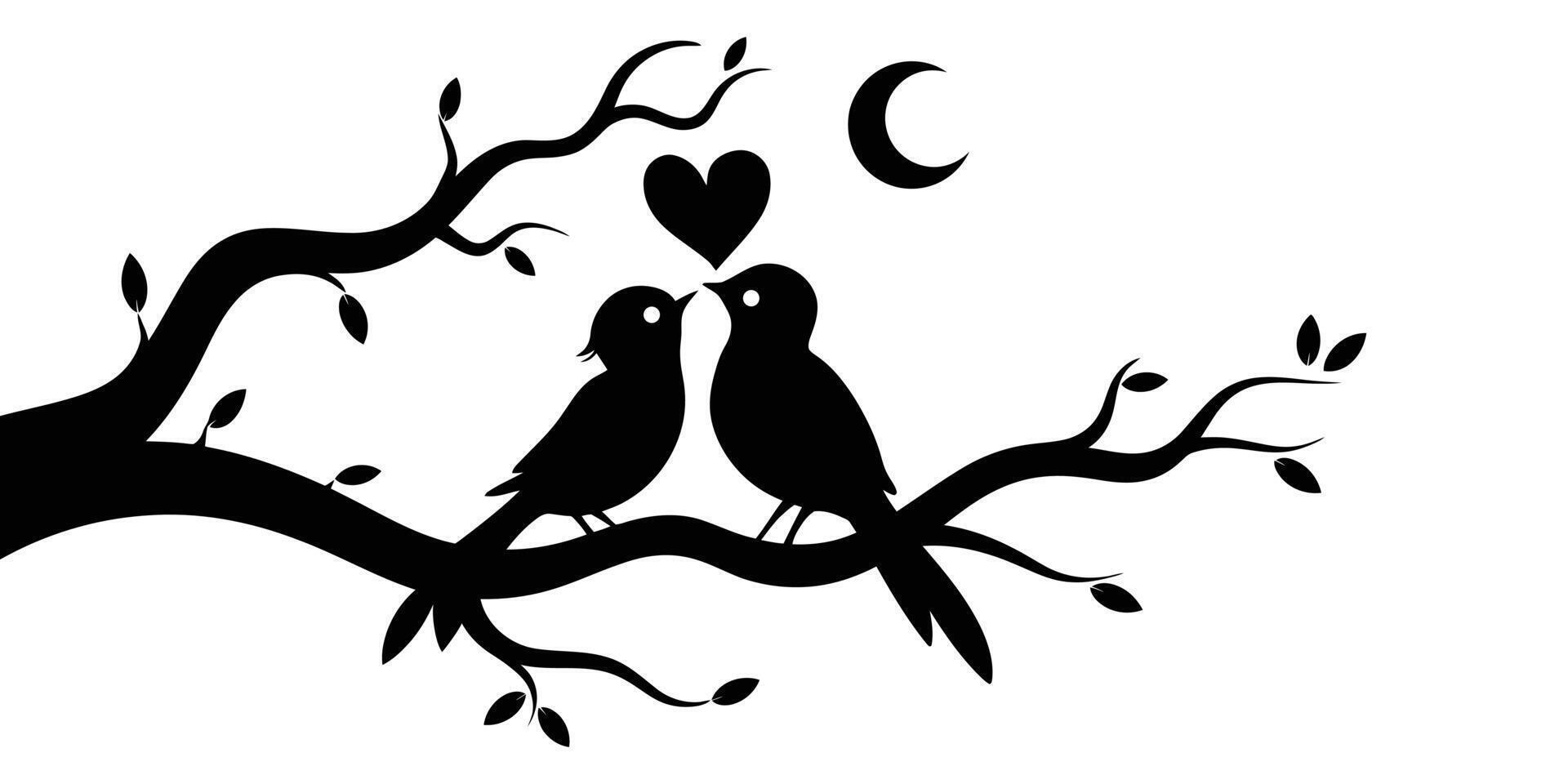 Silhouette of Birds in Love on a Branch at Night. Two birds in love on a branch under the moonlight vector
