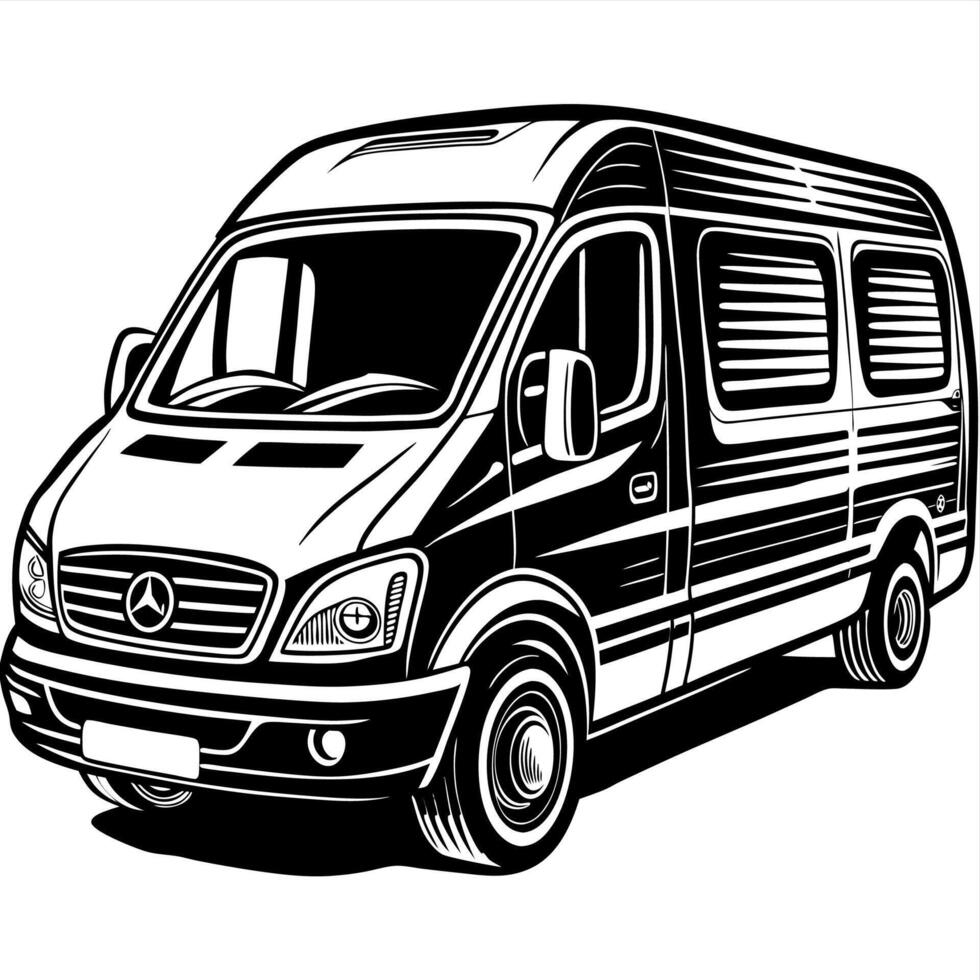 Detailed Black and White Drawing of Van with Large Windows vector