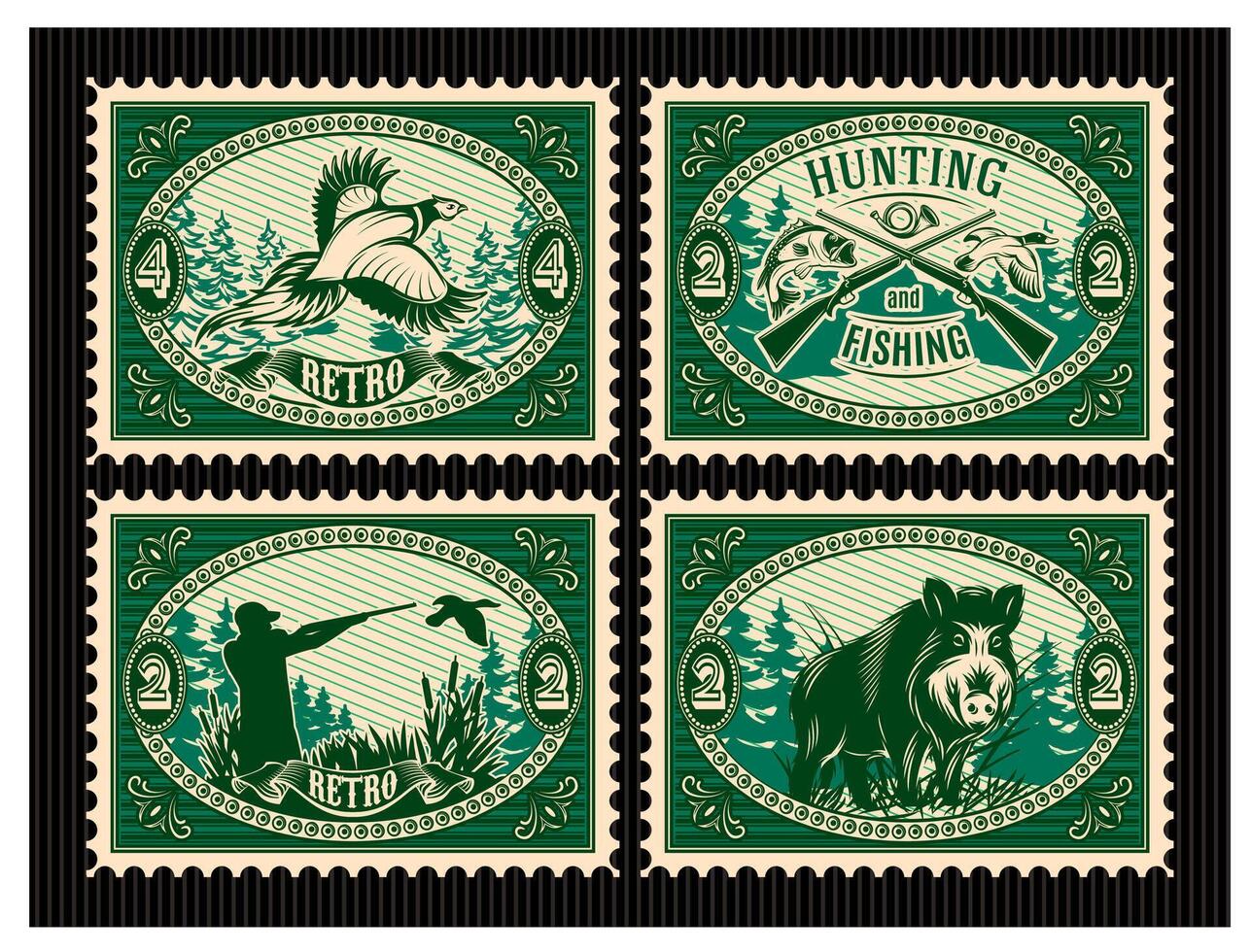 Retro Hunting and Fishing Stamp Collection Illustrations vector
