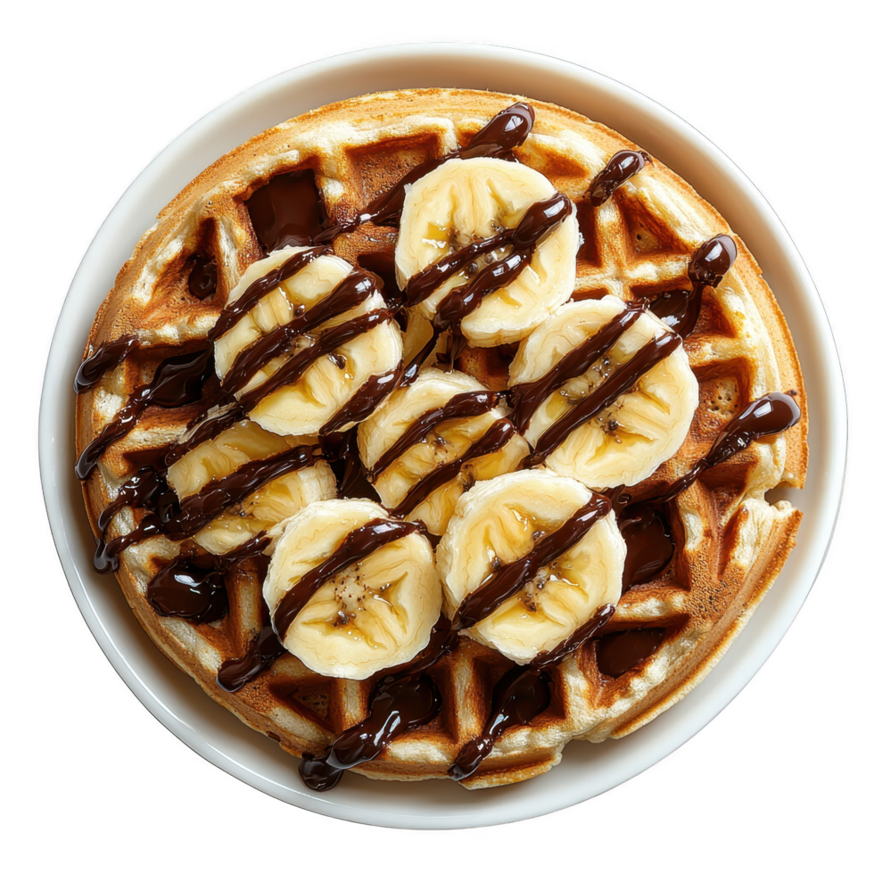 Banana waffles with chocolate sauce on a white plate isolated on transparent background, top view png