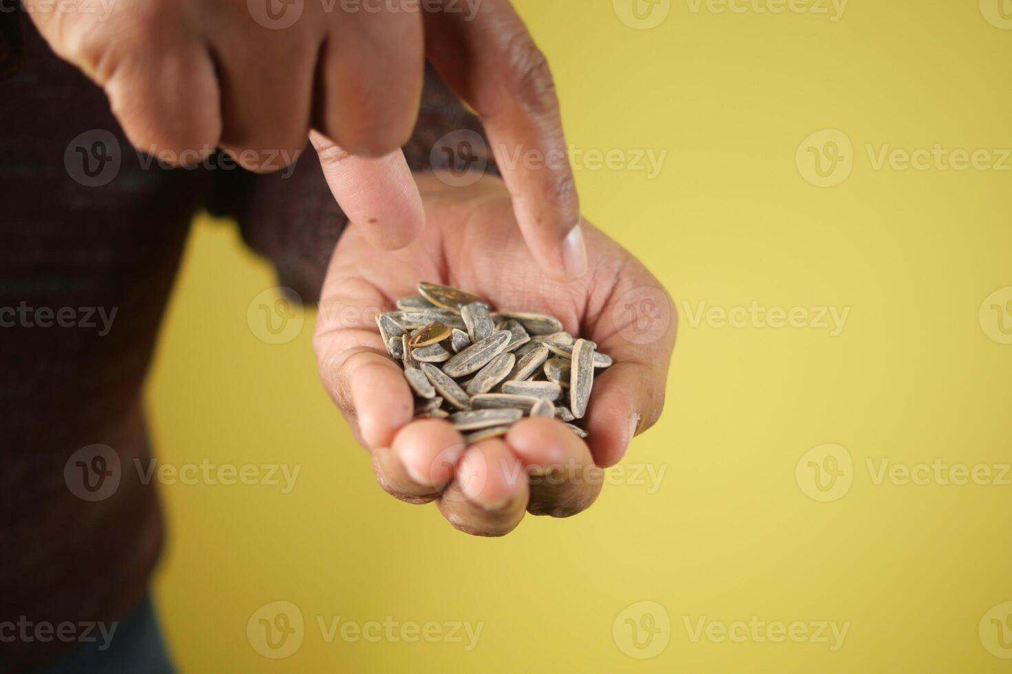 A Pair of Hands Gently Holding sunflower Seeds Against a Yellow Background photo