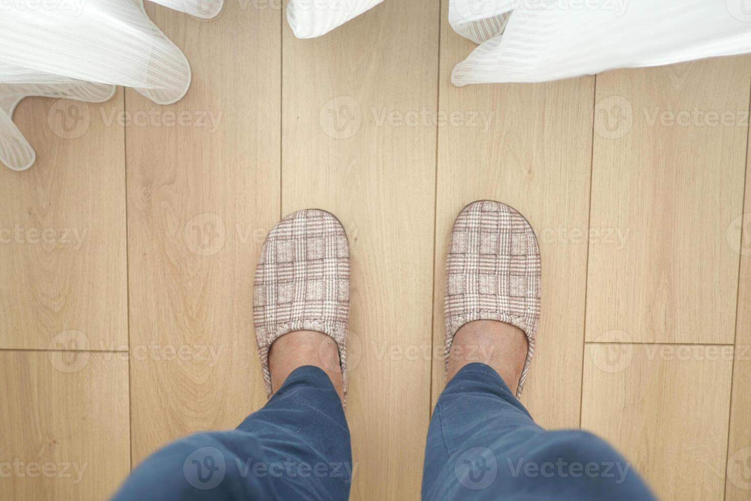 Comfortable Cozy Indoor Slippers Resting on a Wooden Floor Surface photo