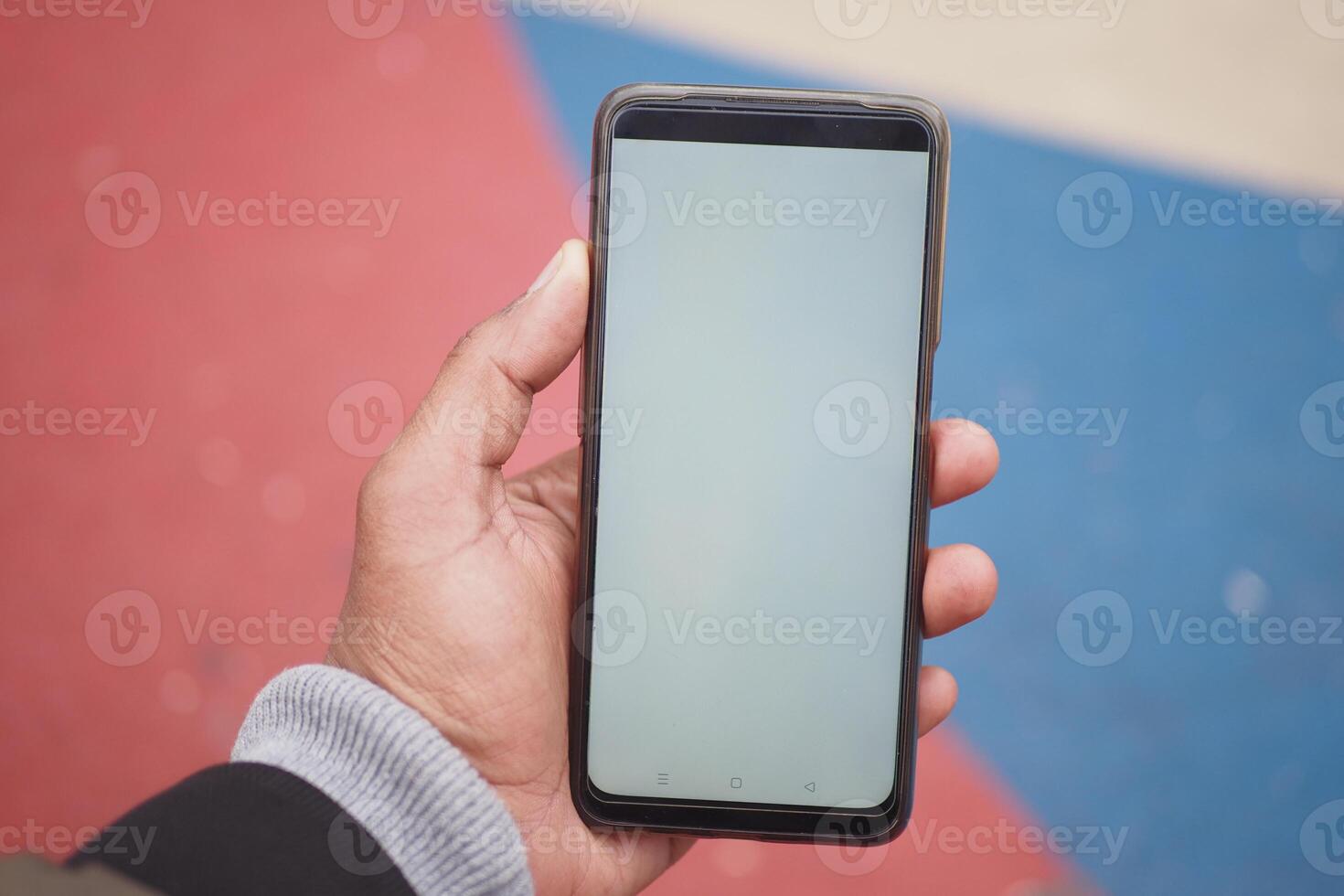 Hand Holding Smartphone with Blank Screen in Colorful Setting photo