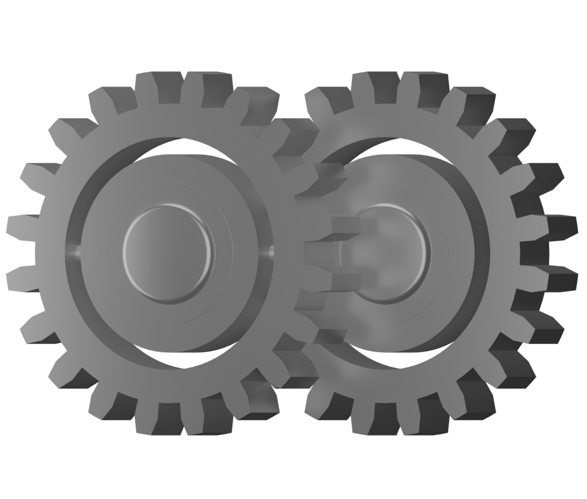 Two metal colored gears without background, 3D render png