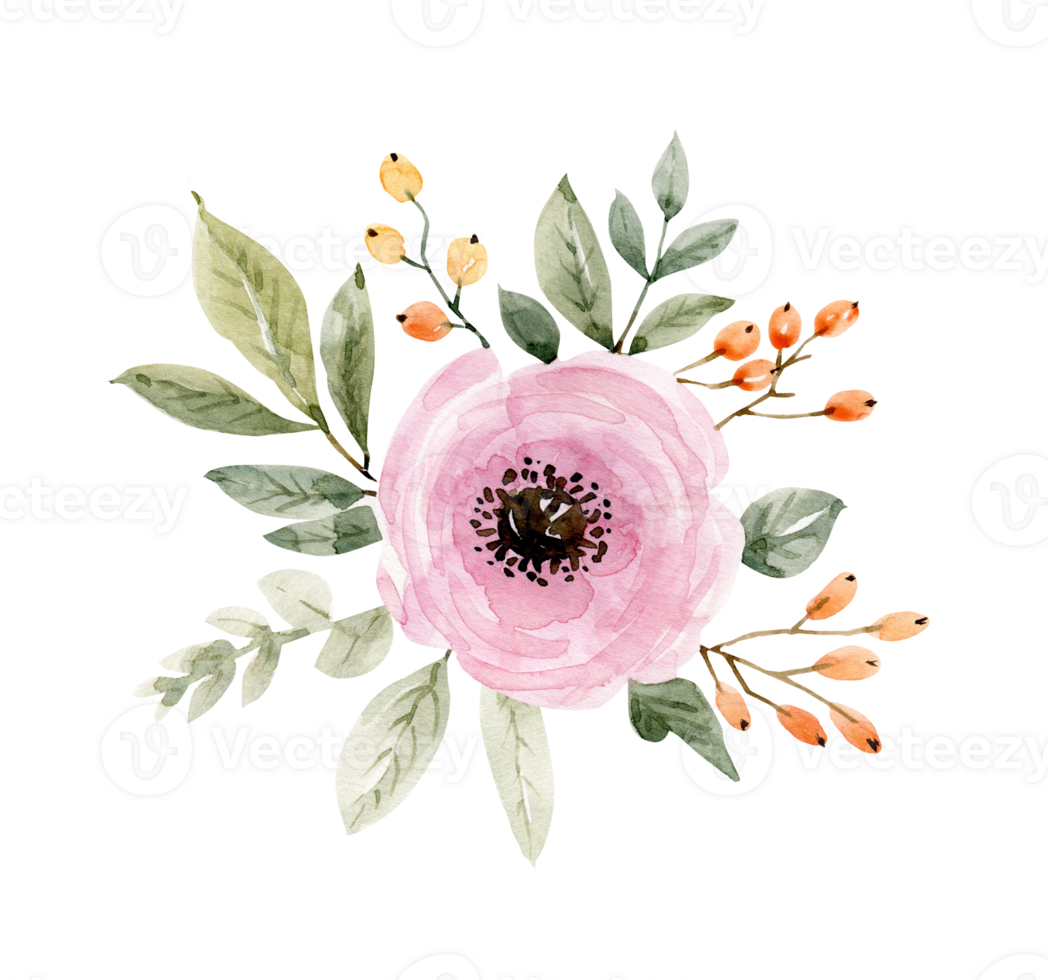 Floral bouquet with pink flowers, green leaves and berries. Hand drawn watercolor illustration png