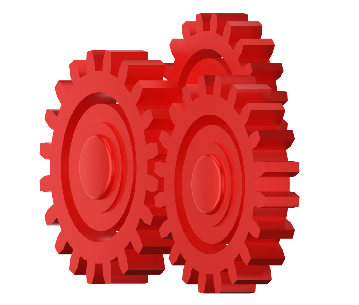 Three red gears without background, 3D render png