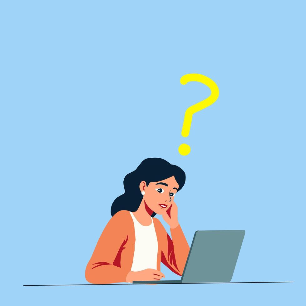 a woman is sitting at a desk with a laptop and a question mark above her head vector