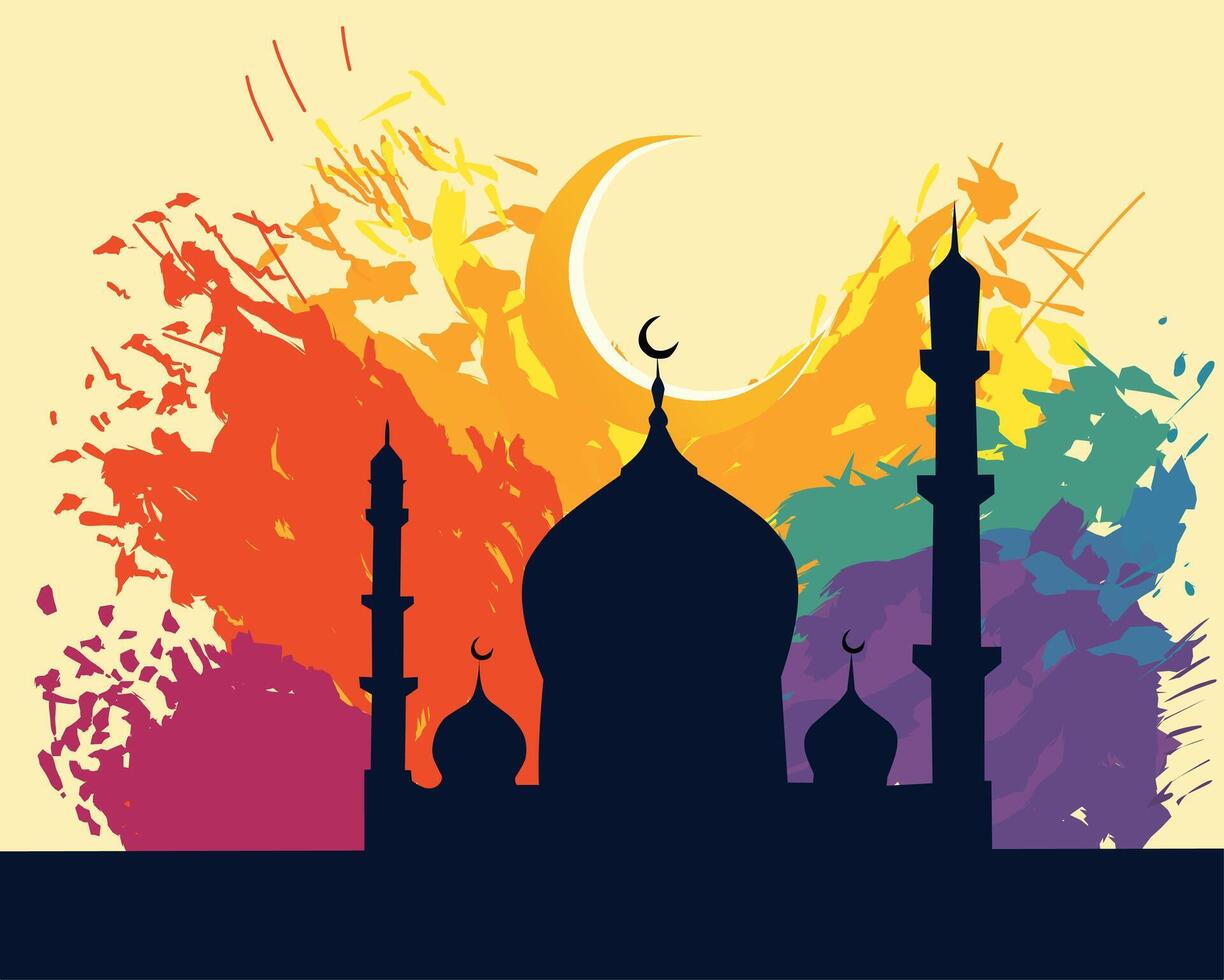Silhouette of a mosque with minarets under a crescent moon, set against a vibrant abstract colorful background. Perfect for Islamic festivals, celebrations, and art vector