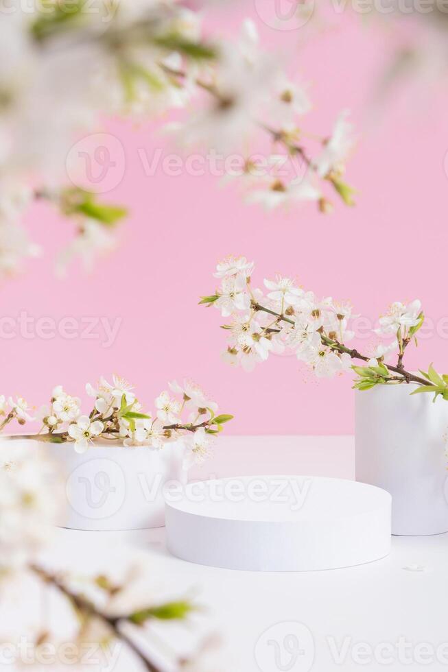 Pedestal or podium with spring bloom on pink background photo