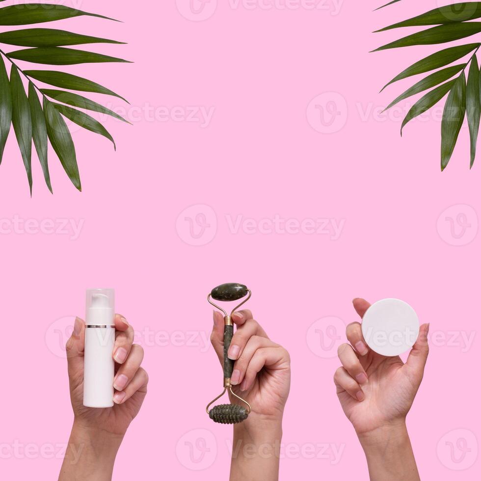 Collage with cosmetics and massager in hands for skin care photo