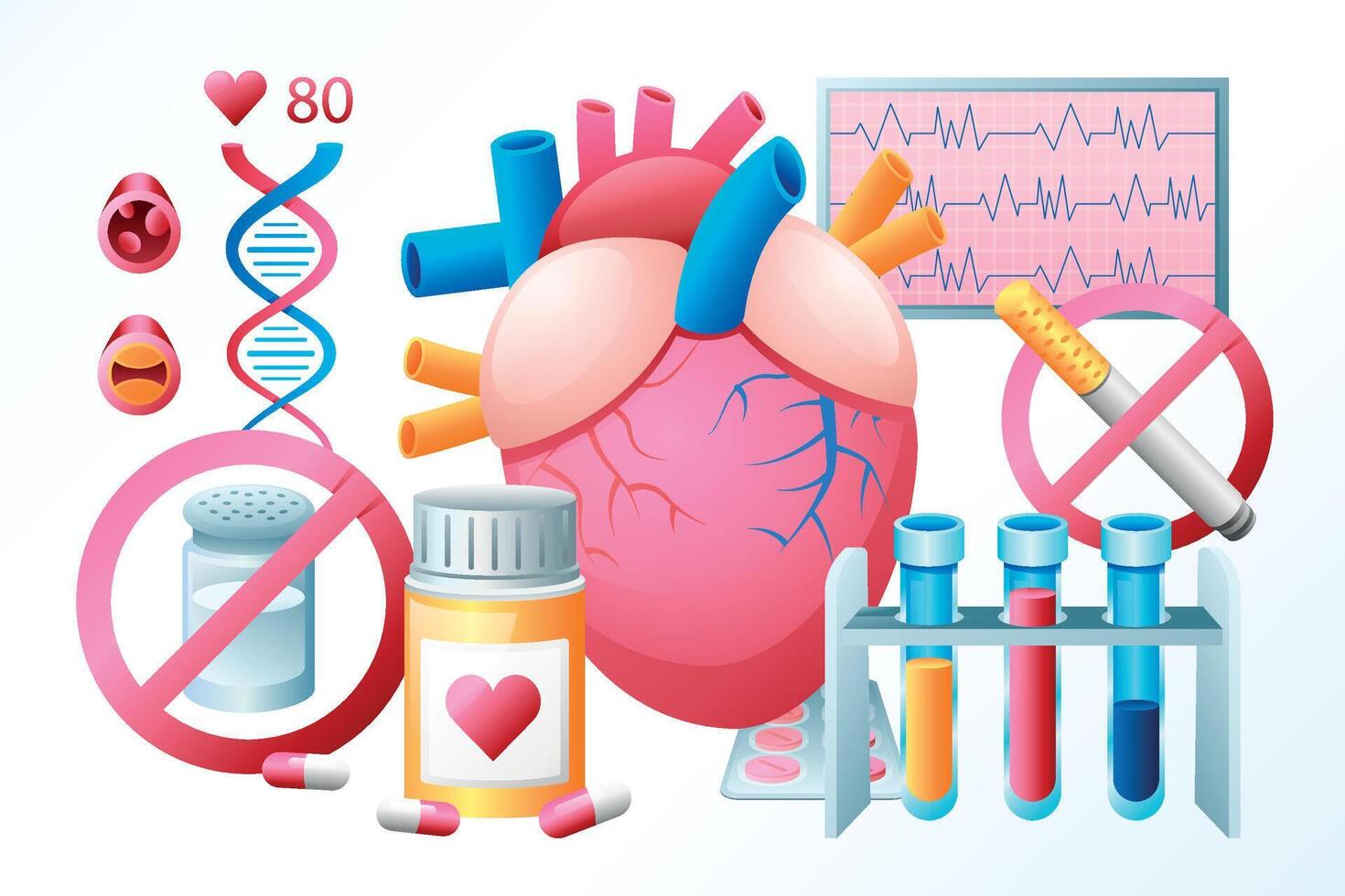 Gradient cardiovascular disease with anatomical heart and medicines vector