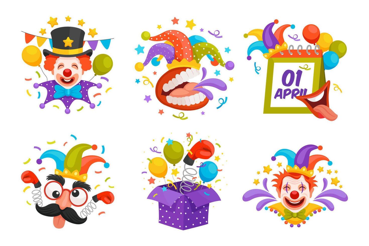 Hand drawn flat april fools day illustration set collection with clowns vector