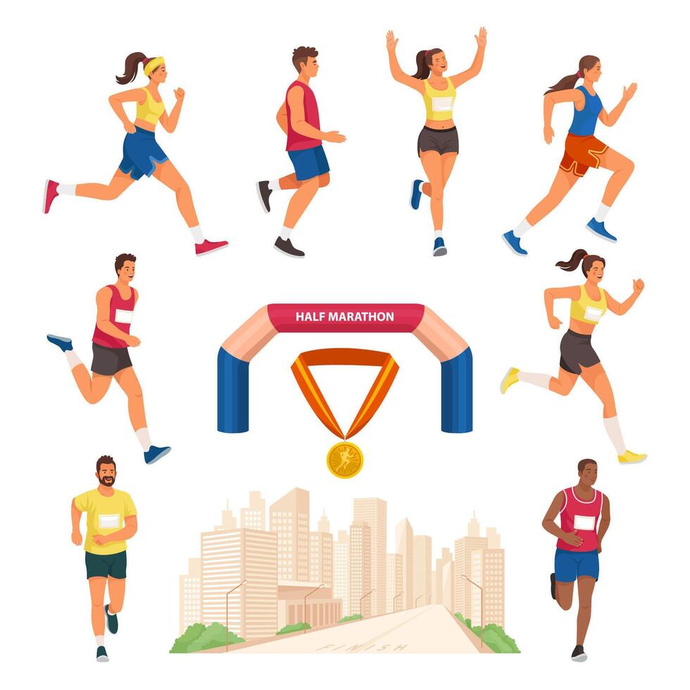 Hand drawn flat city marathon element set collection vector