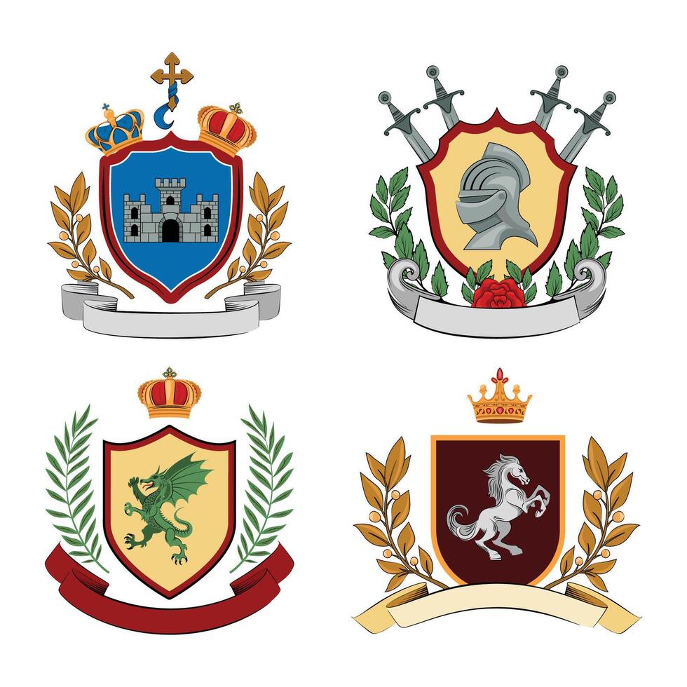Hand drawn flat heraldic badge with ribbons set collection vector