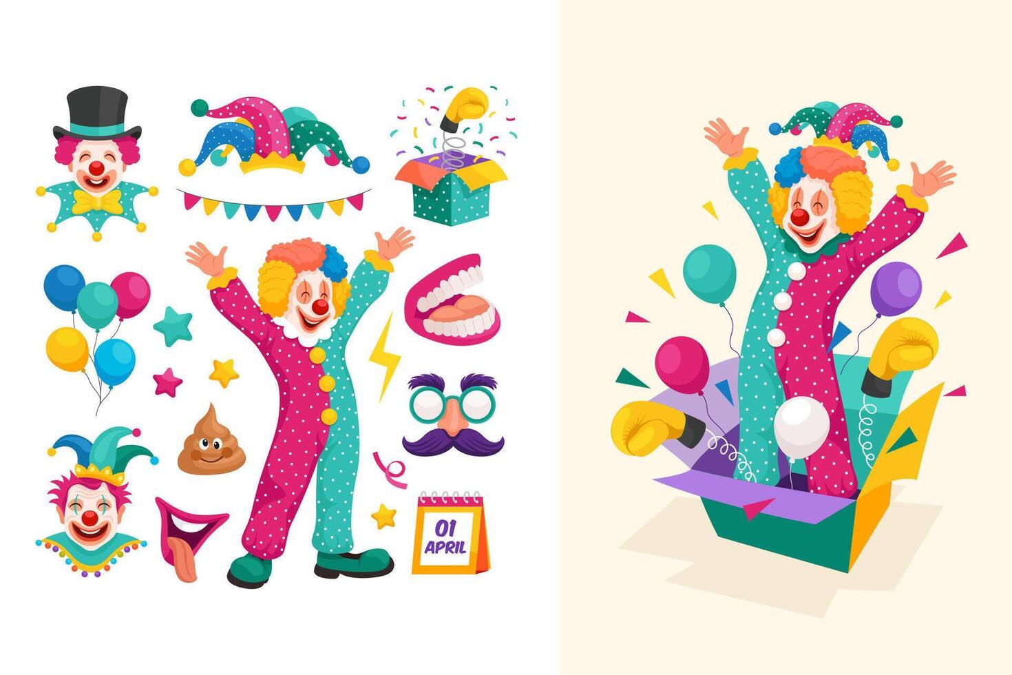 Hand drawn flat april fools day icons with illustration set collection with clown vector