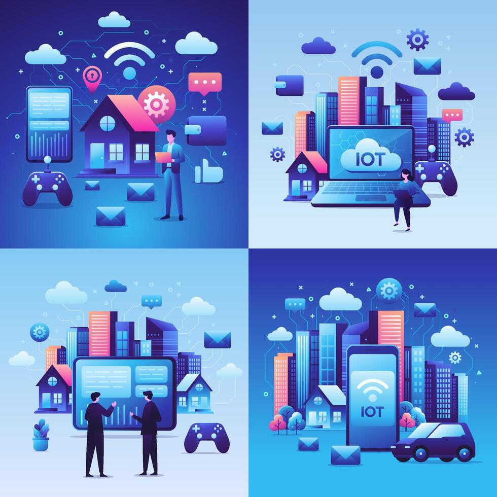 Gradient IoT illustration set collection with people and big devices on cityscape vector