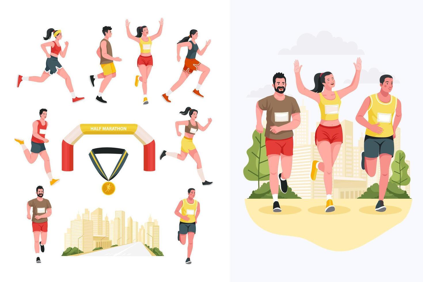 Hand drawn flat city marathon icons with illustration set collection vector